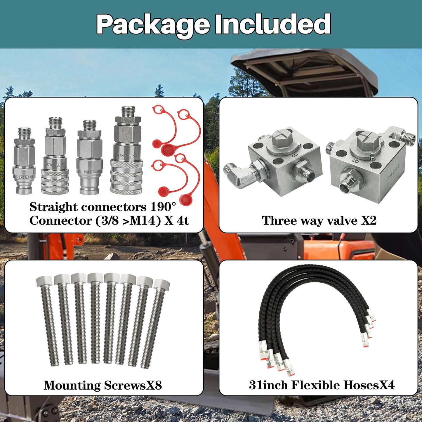 3 Way Hydraulic Diverter Valve Kit for 1-2 Ton Chinese Mini Excavator – Heavy-Duty Alloy Steel Valve w/Quick Connect 31-Inch Flexible Hoses, Excavator Hydraulic System Attachment