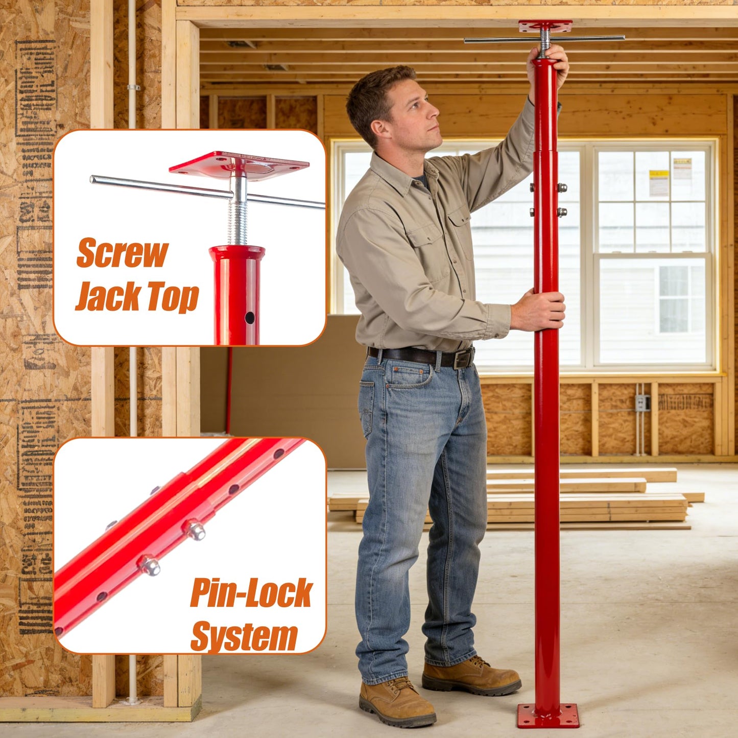 Adjustable House Jack Post, 55" - 100" Heavy Duty Steel Support Pole Jacks, 10000 lbs Load Capacity, Floor to Ceiling Telescopic Jack for Leveling, Framing, Basement, Crawlspace, Beam & Roof Support