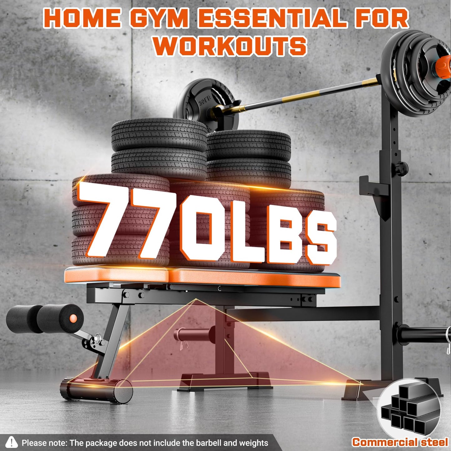 Adjustable Weight Bench with Squat Rack, 770lbs Heavy Duty Olympic Bench Press for Home Gym, Multi-Function Flat Incline Workout Bench Family Strength Training with Removable Foot Catch (Weight Bench Set+2*10LBS+2*25LBS Plates)
