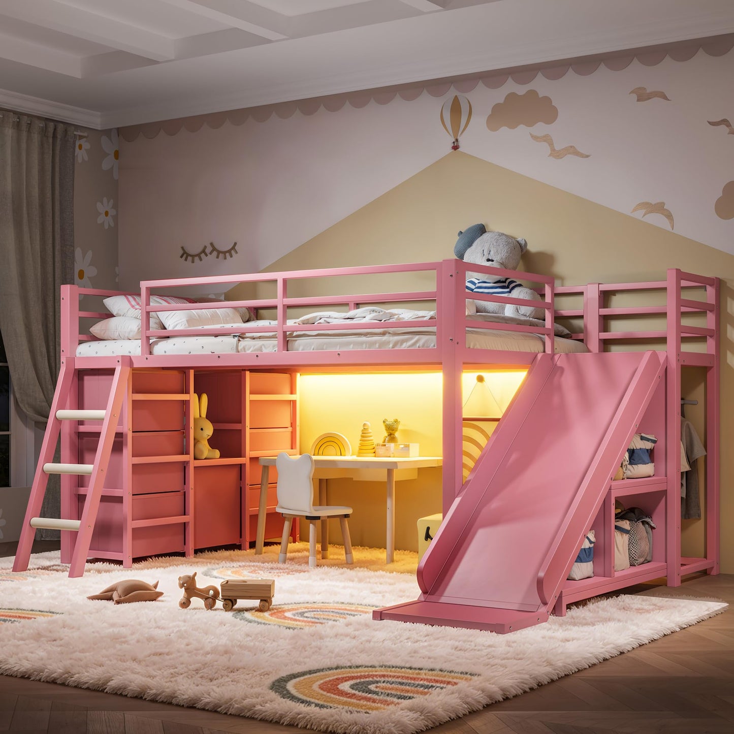 KEIKI Twin Size Metal Loft Bed Frame with Slide & Ladder & Non-Woven Fabric Drawer & Shelves & Hanging Area, Multi-Storage Loft Bed with Slat, No Box Spring Required, Easy Assembly, for Bedroom, Pink