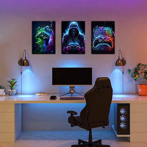 BGFCE Cool Gaming Canvas Wall Art - Retro Video Game Watercolor Posters | Framed Set of 3, 12x16 in