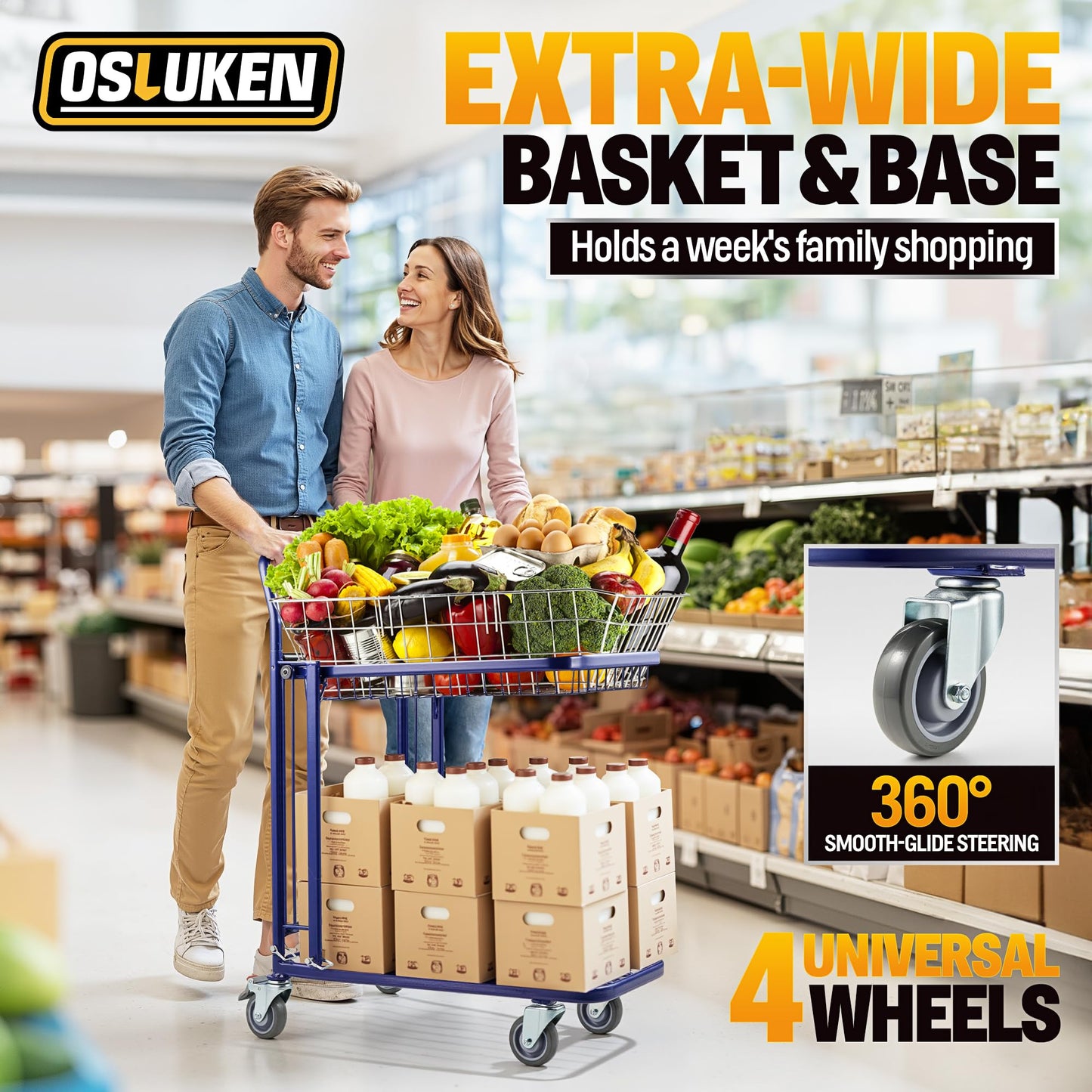 Osluken Upgraded Metal Shopping Cart with Wheels, 700 LBS Heavy Duty 2-Tier Grocery Cart, Detachable Utility Hand Truck Dolly for Home， Supermarket，Warehouse