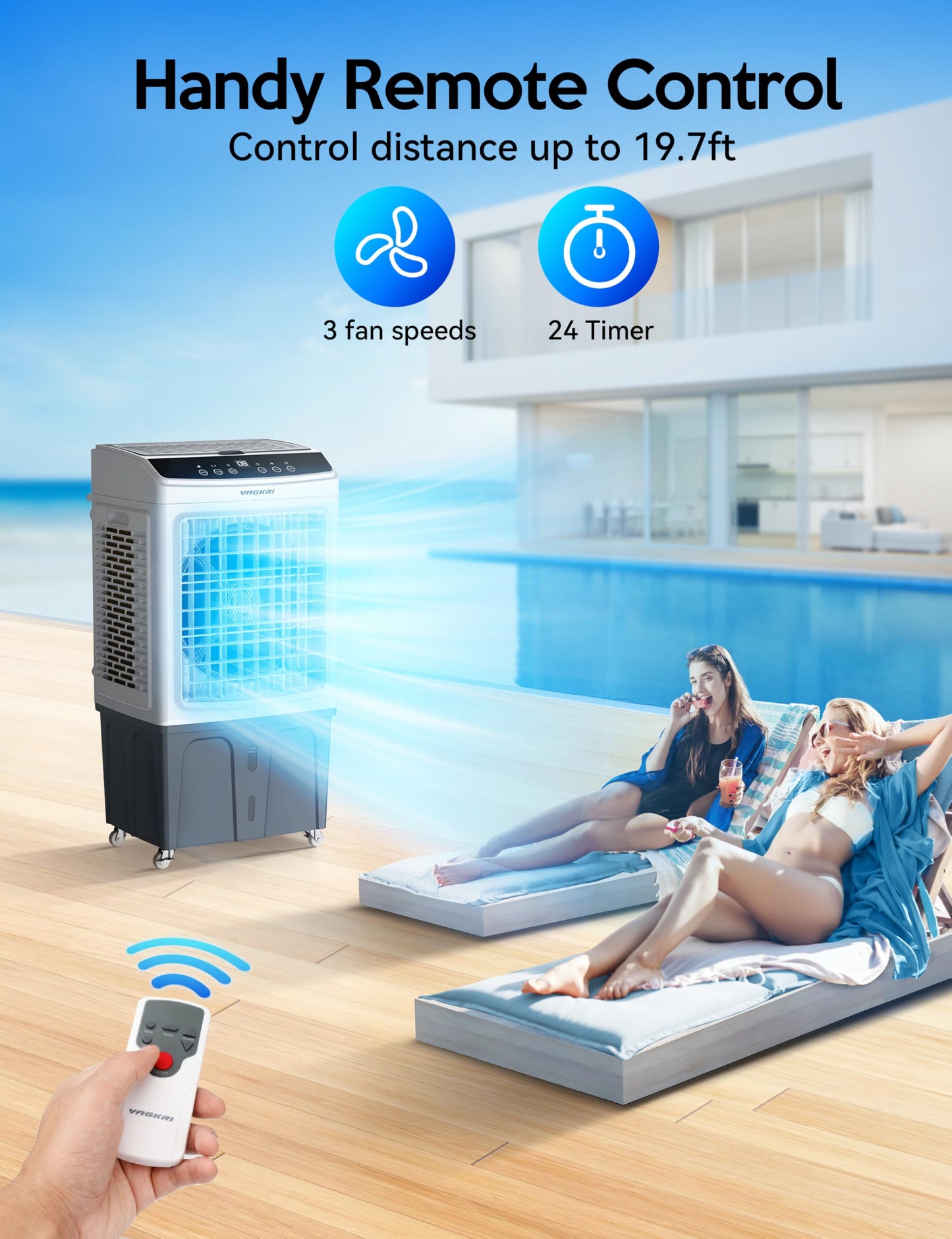 VAGKRI 35" Evaporative Air Cooler, 2800CFM Swamp Cooler, 120°Oscillation Air Cooler with Remote Control, 24H Timer, 3 Modes & Wind Speeds for Outdoor Indoor Use, 9.2Gallon