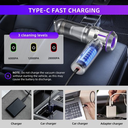 CUGEFRE Handheld Vacuum Cordless, 28000Pa 4 in 1 Car Vacuum Portable Cordless, One-Touch Dust Removal, 3-Speed Brushless Motor Mini Vacuum, Ideal for Home, Car, Office, and Pet Hair Cleanup, Silver