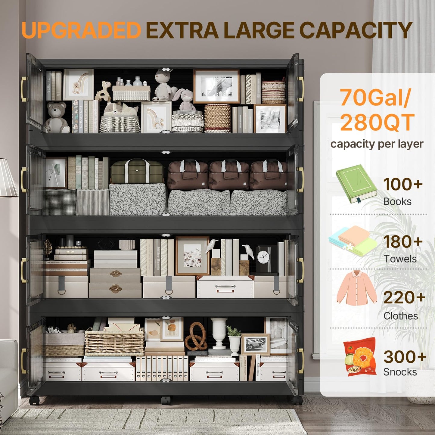 QAVAHIDUS 210Gal Extra Large Stackable Storage Bins with Lid (3-Pack), 840QT Foldable Organizer with Clear Magnetic Doors & Wheels, Plastic Cabinet for Bedroom, Garage, Dorm, Closet, Home, Kitchen