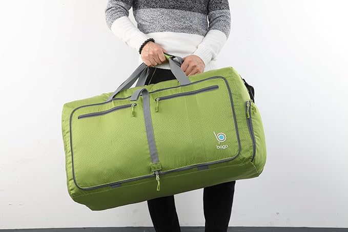Bago Large Foldable Duffel Bags for Traveling Women & Men - 80L Packable Duffle Bag for Travel with Shoe Compartment - Water Repellant, Heavy Duty, Lightweight Folding & Collapsible (Green)