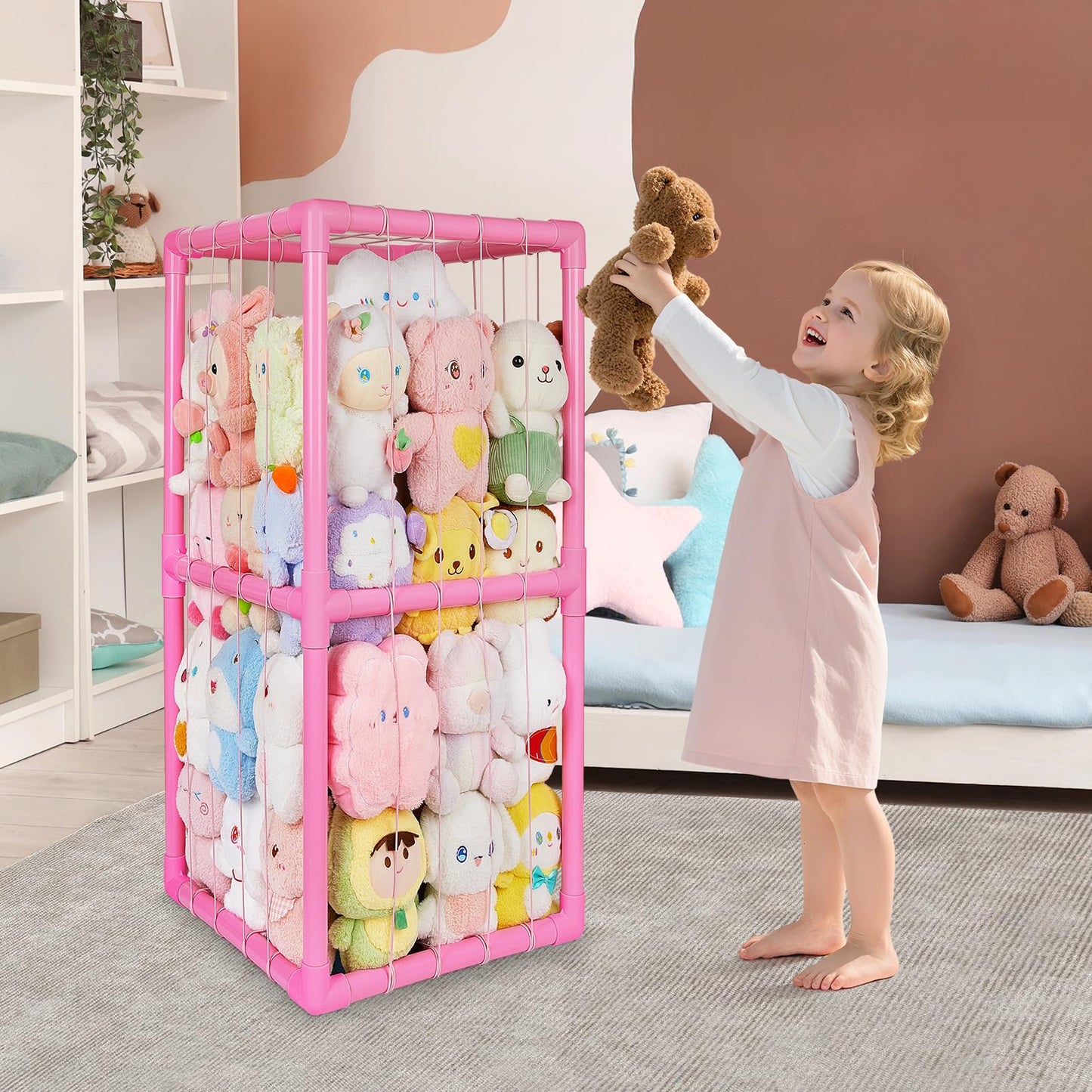 Unicorn Castle Stuffed Animals Storage Organizer with Thicken PVC Tubes Elastic Band Space Save Vertical Plushies Storage Stuffed Animals Zoo Cage for Kids,Pink