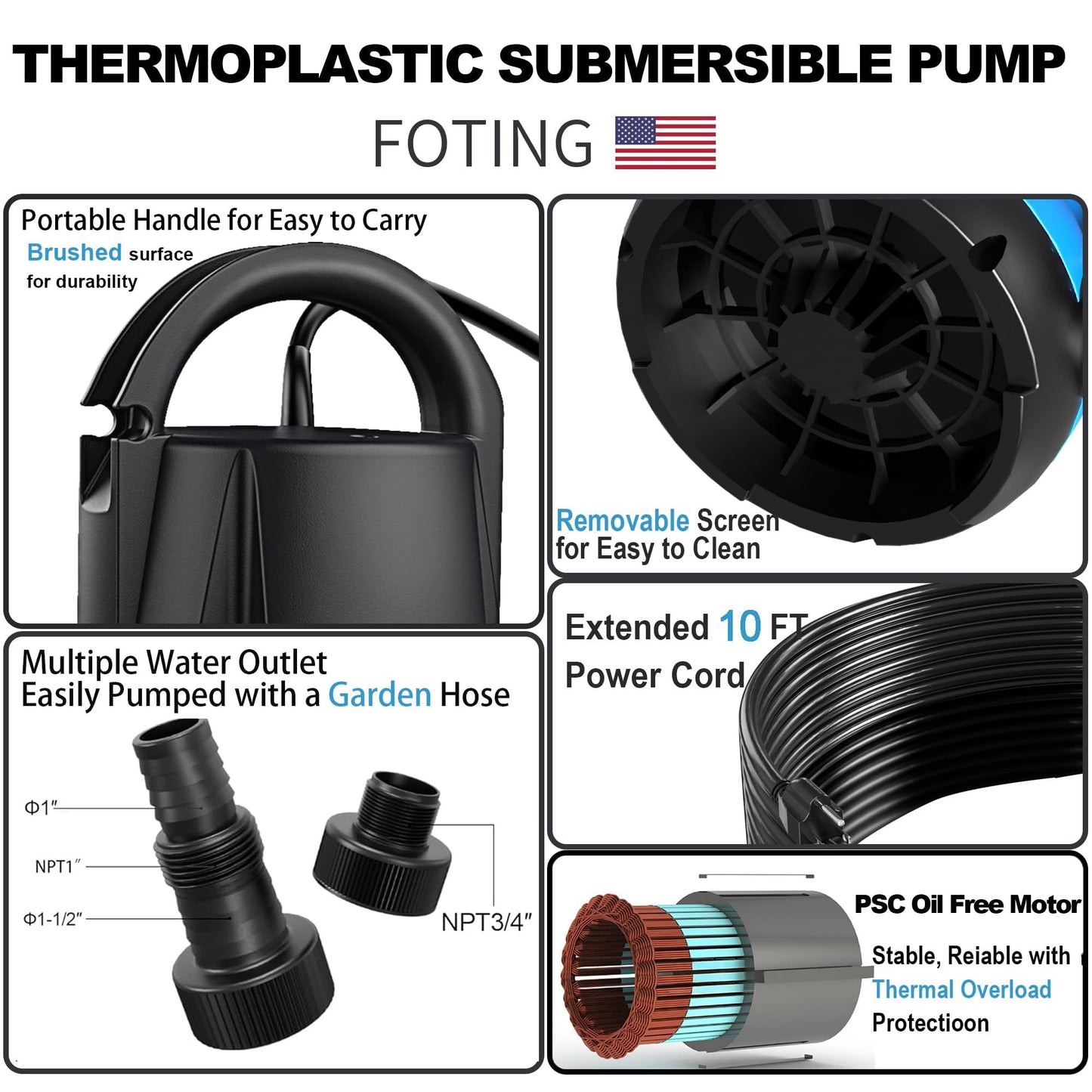 FOTING Sump Pump 1HP Clean/Dirty Submersible Water Pump,4600GPH Utility Pump Thermoplastic Electric Portable Transfer Water Pump for Swimming Pool Pond Basement with 10ft Power Cord,Manual