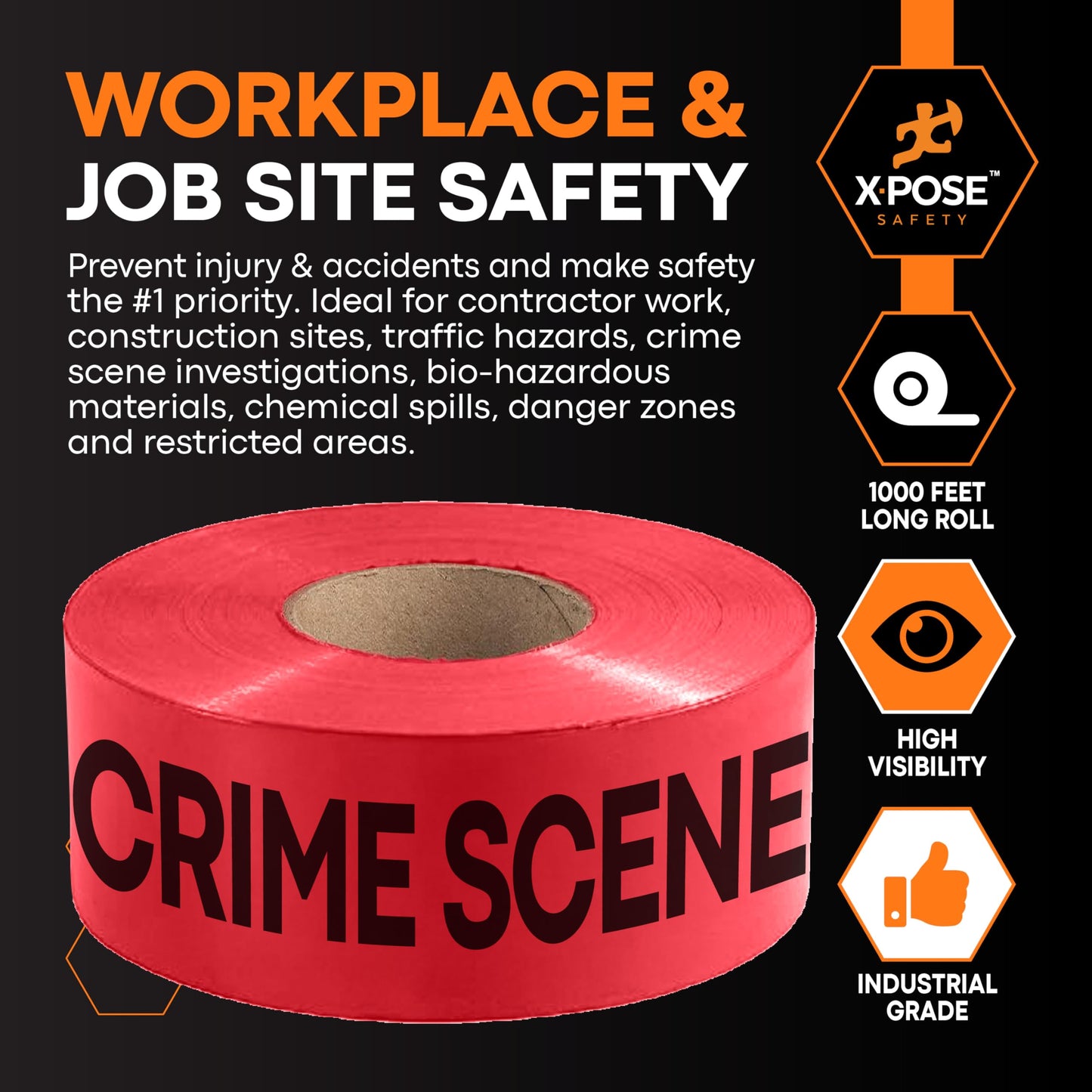 Xpose Safety 3 Mil Red Crime Scene Do Not Cross Tape – (32 Rolls) – 3" x 1000' High-Visibility Barricade Tape for Construction Sites, Hazards, Crime Scenes