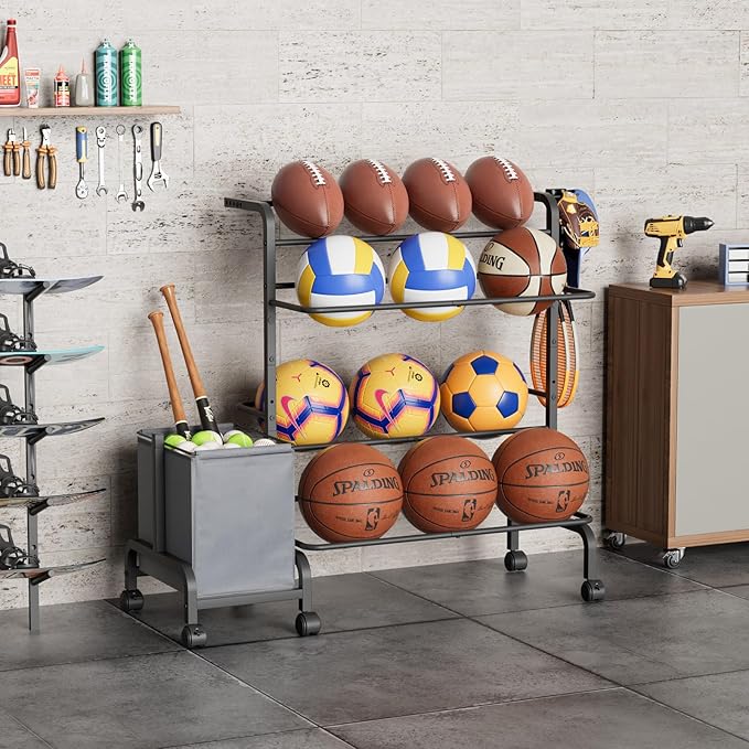Ball Storage Rack, Adjustable Basketball Holder Display Stand with Ball Basket Bin Hooks, Outdoor Ball Cart with Wheels for Soccer Football Tennis Baseball, Sport Equipment Organizer for Garage Gym