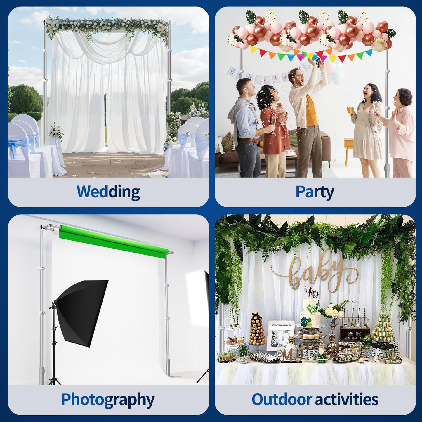 Qoolfoto 10x10ft Pipe and Drape Backdrop Stand, Double Crossbar, Heavy Duty Adjustable Background Frame with Metal Base for Parties Photography Wedding Photoshoot Decoration