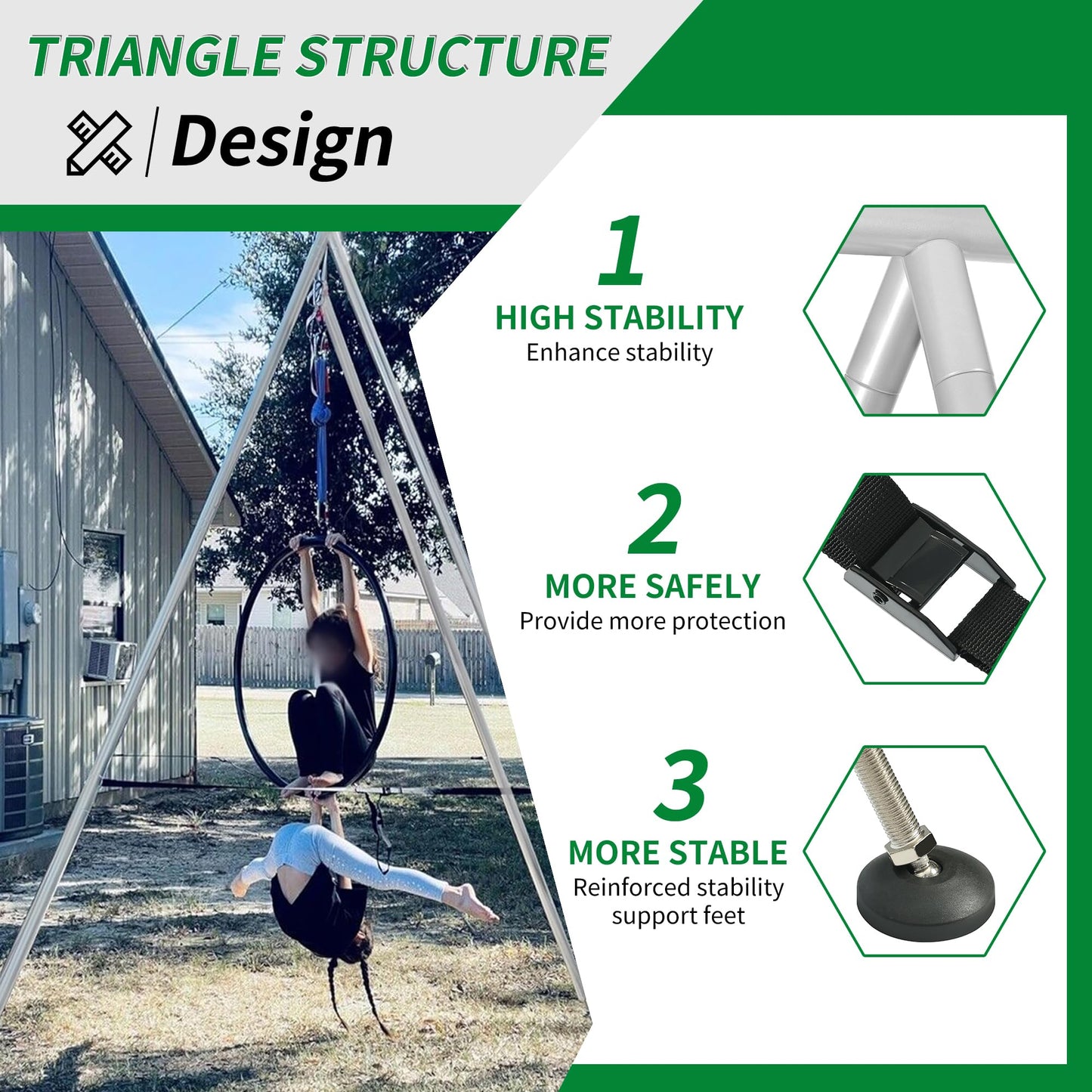 KUAFU 9.6 FT Portable Stand Yoga Swing Stand 551 LBS Aerial Yoga Frame Yoga Sling Inversion Equipment Steel Silvery for Indoor and Outdoor Triangle Structure