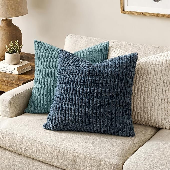 MIULEE Pack of 2 Corduroy Decorative Euro Sham Throw Pillow Covers 24x24 Inch Soft Boho Striped Pillow Covers Modern Farmhouse Home Decor for Summer Coastal Sofa Living Room Couch Bed Blue