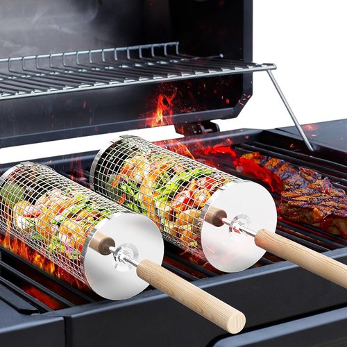 Ivtivfu Rolling Grill Basket - 304 Stainless Steel BBQ Tool with Removable Wooden Handle | Perfect for Outdoor Cooking & Camping