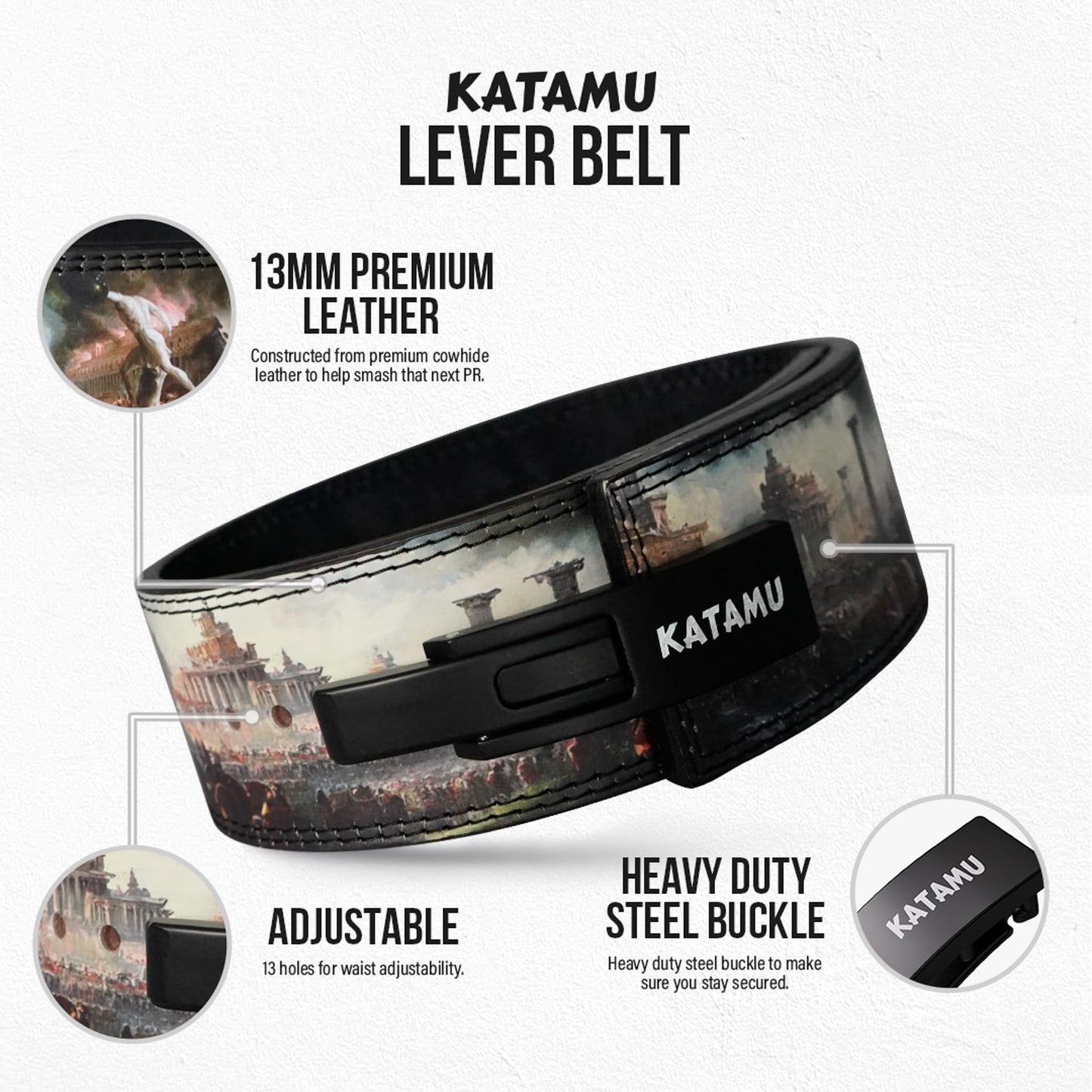 Katamu Fall of Rome USPA & IPL Approved Lever Belt — Premium 10mm and 13mm Leather Powerlifting Belt for Men and Women, Steel Lever Buckle, 4 Inch Back Support for Deadlifts