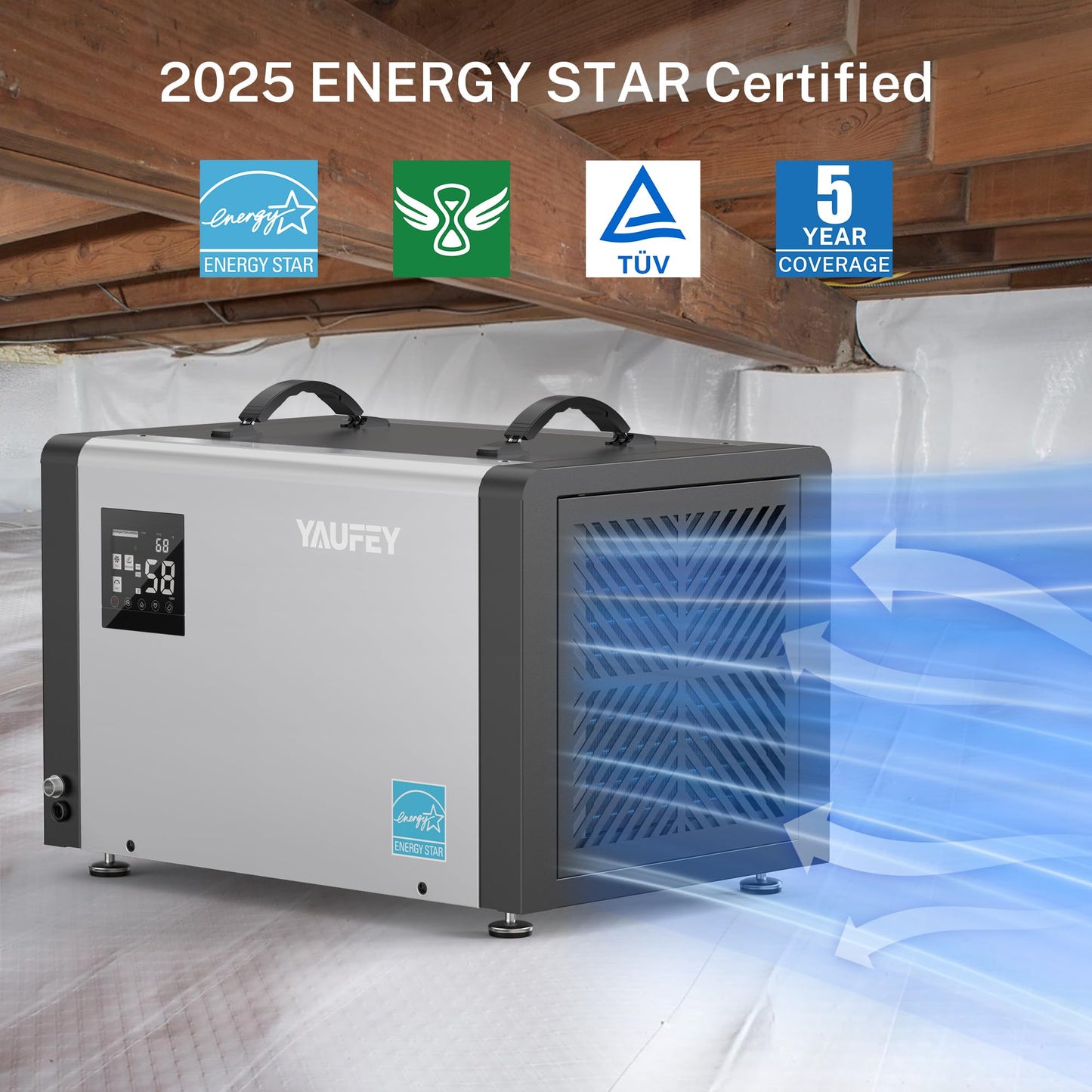 Yaufey 70 Pints Energy Star Commercial Dehumidifier with Drain Hose for 5000 Sq. Ft. Crawl Space, Basement, Industrial, 10-90% RH Humidity Control, 24/7 Continuous Drainage,TUV Certified,5-Yr Coverage