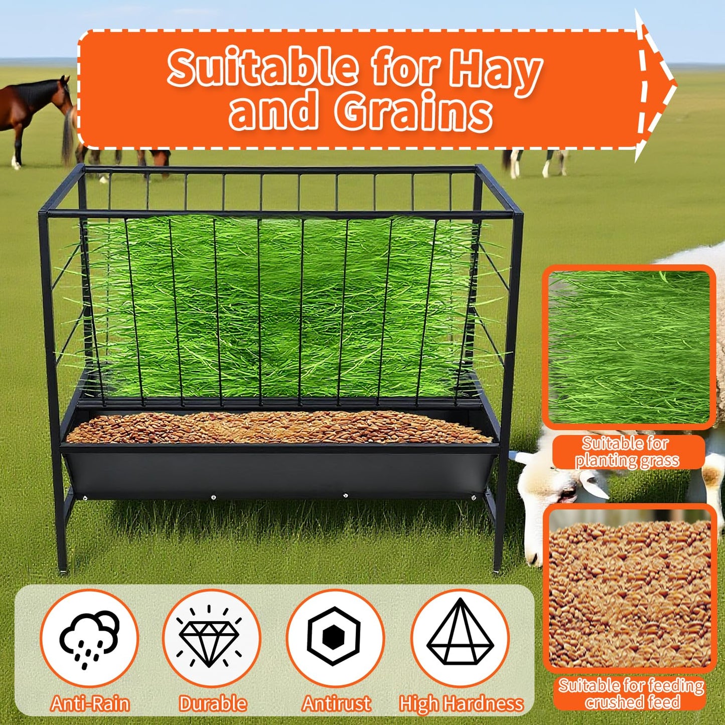 Yahpetes Pasture Hay Feeder 2 in 1 Goat Feeder 69 Gallon Capacity Livestock Rack 42.9''L X 20.5''W Hay Grain Livestock Feeder with V-Shaped Top Rack & Feed Pan for Sheep Farms Sheds