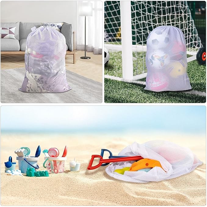 Polecasa Extra Heavy Duty Large Diamond Mesh Laundry Bags with Drawstring Closure & ID Tag, 24 x 36 inches Washable Storage Bag, Laundry Accessory for Hamper, College, Travel, Sports, Dorms, White
