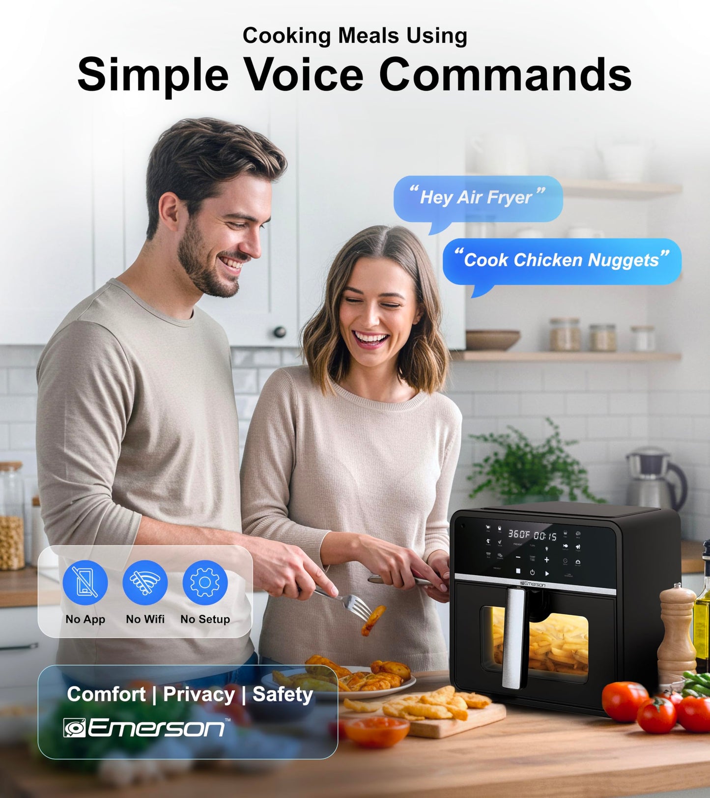 Emerson SmartVoice 10QT 6-in-1 Air Fryer, 1000+ Voice Control Commands, 100+ Recognized Food, No APP, No WIFI, No Setup, Nonstick Basket, Air Fry, Bake, Reheat, Dehydrate, 1700W