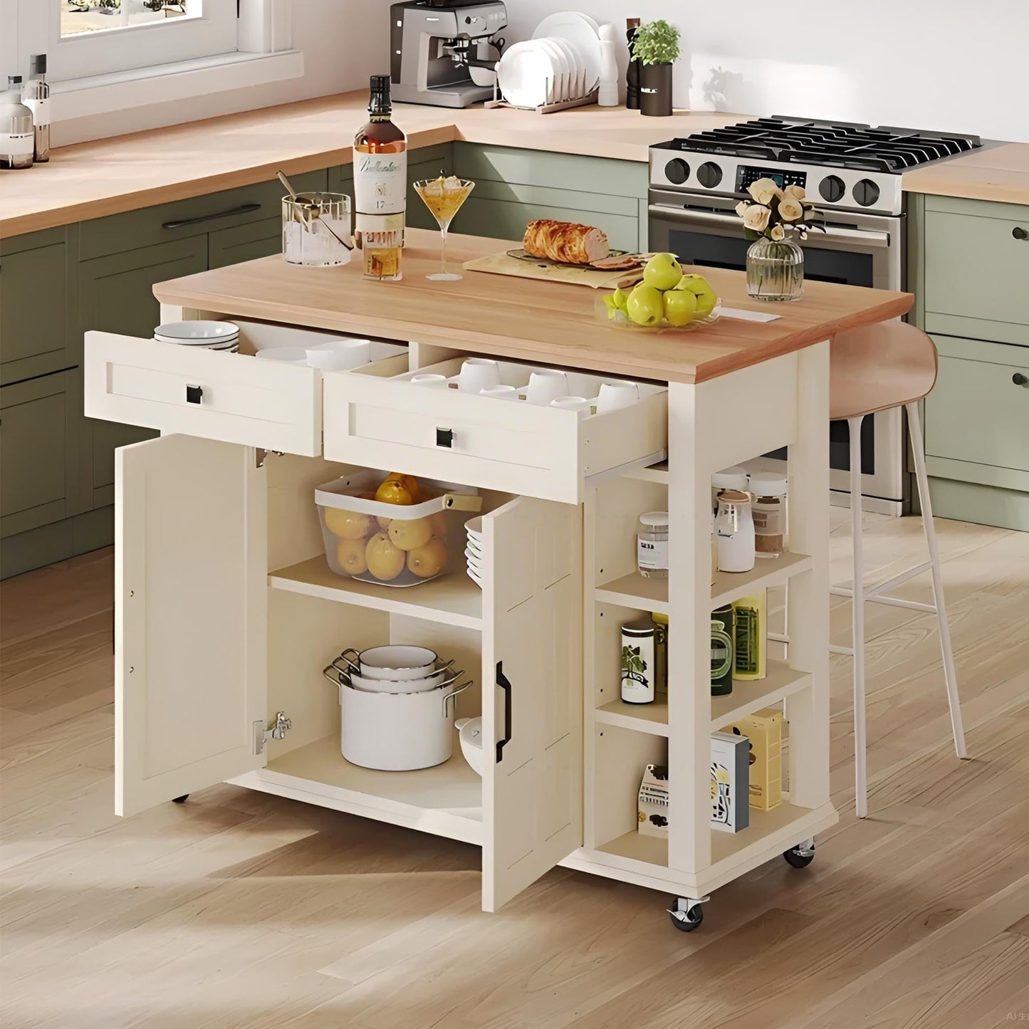 DWVO Rolling Kitchen Island with Drop Leaf, Mobile Storage Islands with Power Outlet Foldable Tabletop, 2 Drawers and Open Shelves, for Living Room, Dining Room, Off White