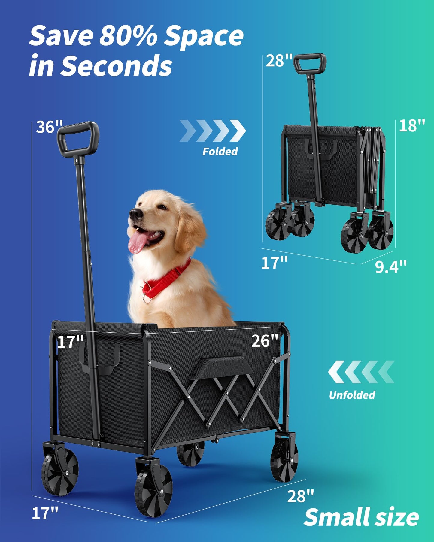 Kitsure Collapsible Wagon with Wheels, Foldable Dog Wagon Carts with 200lbs Load Capacity, Utility Shopping Cart, Black, 28.0" x 17.0" x 36.0"