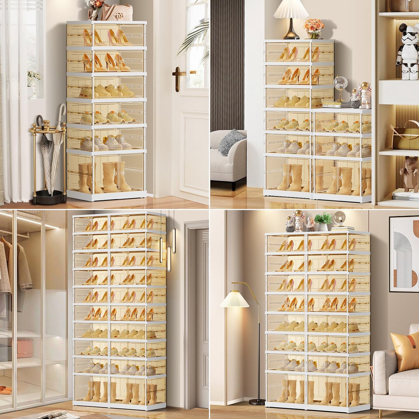EHAMILY 6 Tiers 6-12 Pairs Foldable Shoe Boxes Large Plastic Shoe Storage Rack Collapsible Shoe Organizer for Closet Tall Shoe Shelf Clear Stackable Shoes Cabinet with Doors Entryway