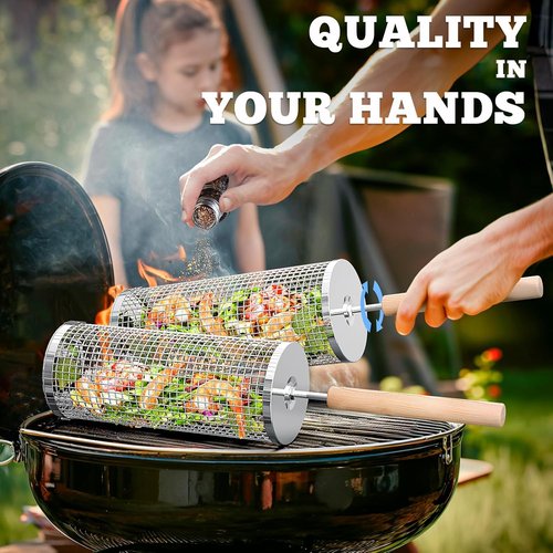 Ivtivfu Rolling Grill Basket - 304 Stainless Steel BBQ Tool with Removable Wooden Handle | Perfect for Outdoor Cooking & Camping