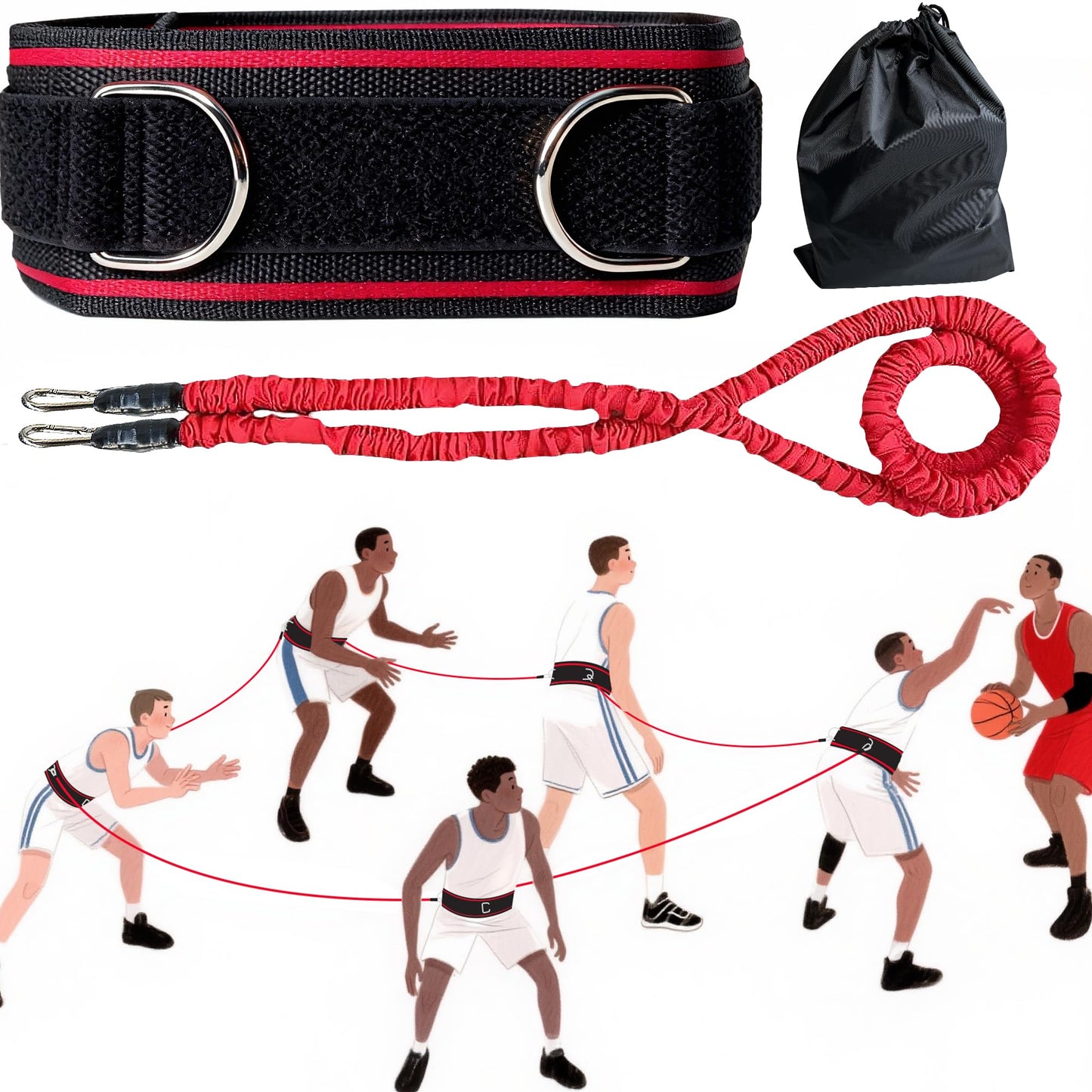 Fydvtnr Zone Defense Resistance Band Kit with 1 Pc Widened Belt, 1 Pc 2-Meter Band & 1 Pc Carry Pouch for Basketball Training, Team Defense Drills, Agility and Speed Exercises for Coaches and Players
