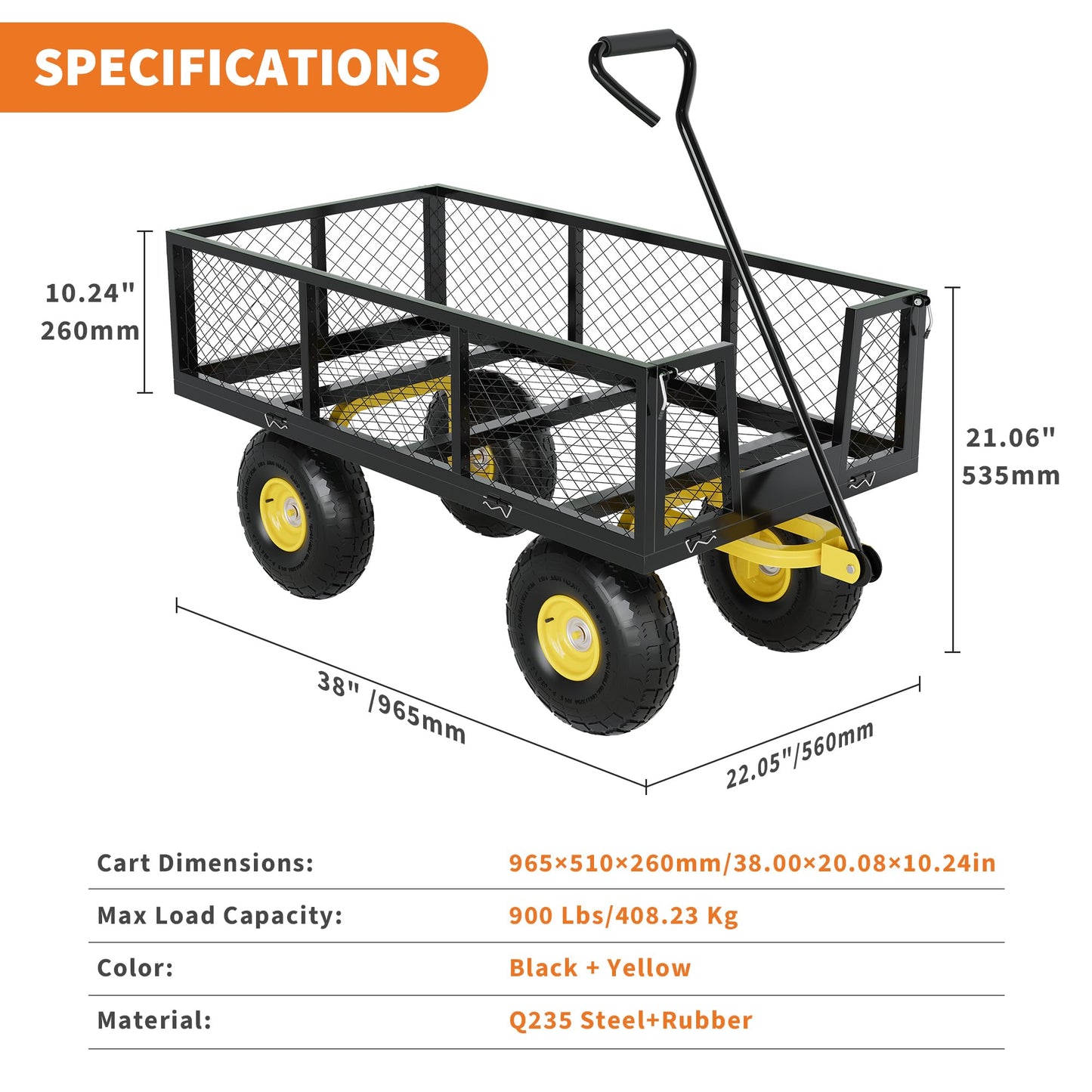 900 Lbs Garden Wagon, 2-in-1 Heavy-Duty Steel Garden Cart, with 10 Inch All-Terrain Tires and Removable Mesh Side Panels, 180° Rotating Handle, Metal Utility Yard Trailer, Outdoor Gardens Wagon Cart