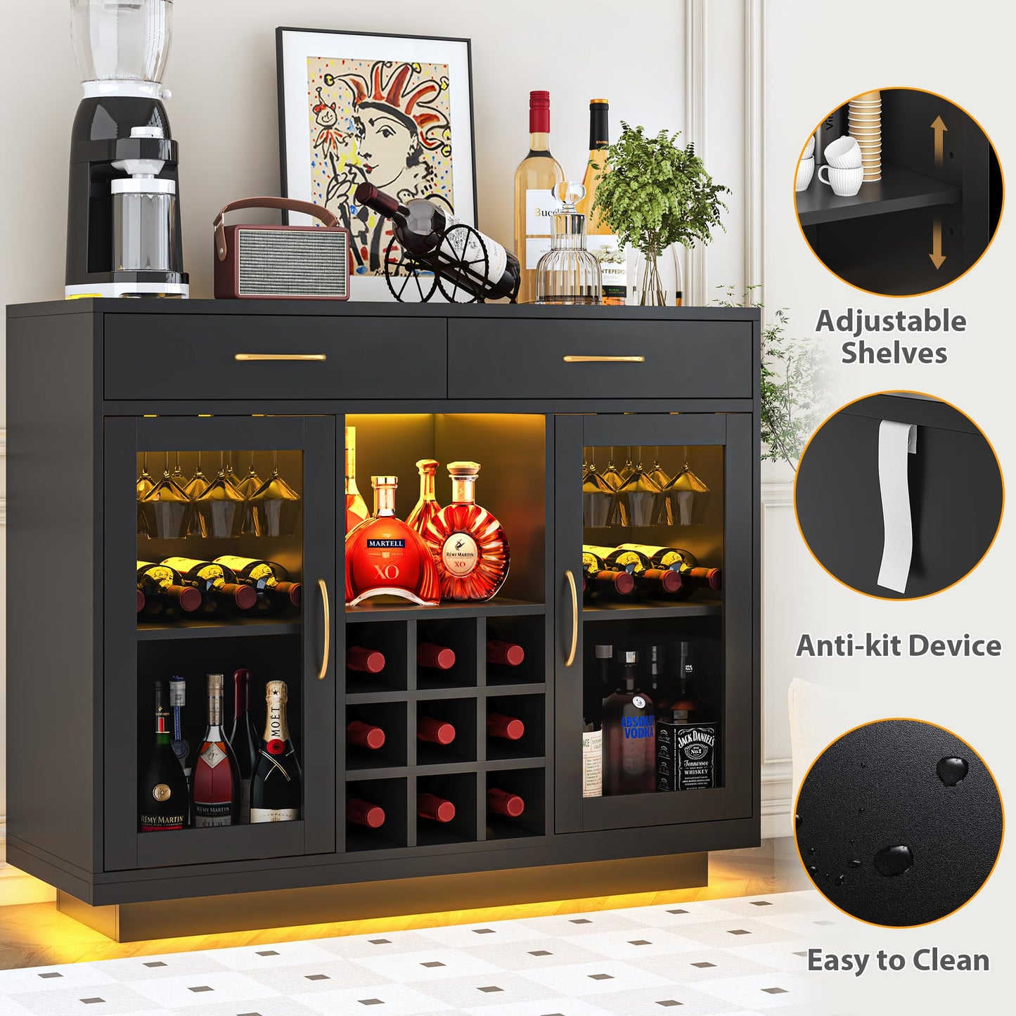 knoworld Wine Bar Cabinet with LED Lights, Coffee Bar Cabinet with Wine and Glass Rack, Black Bar Cabinet Liquor Cabinet, Kitchen Buffet Sideboard with Storage for Living Room, Dining Room