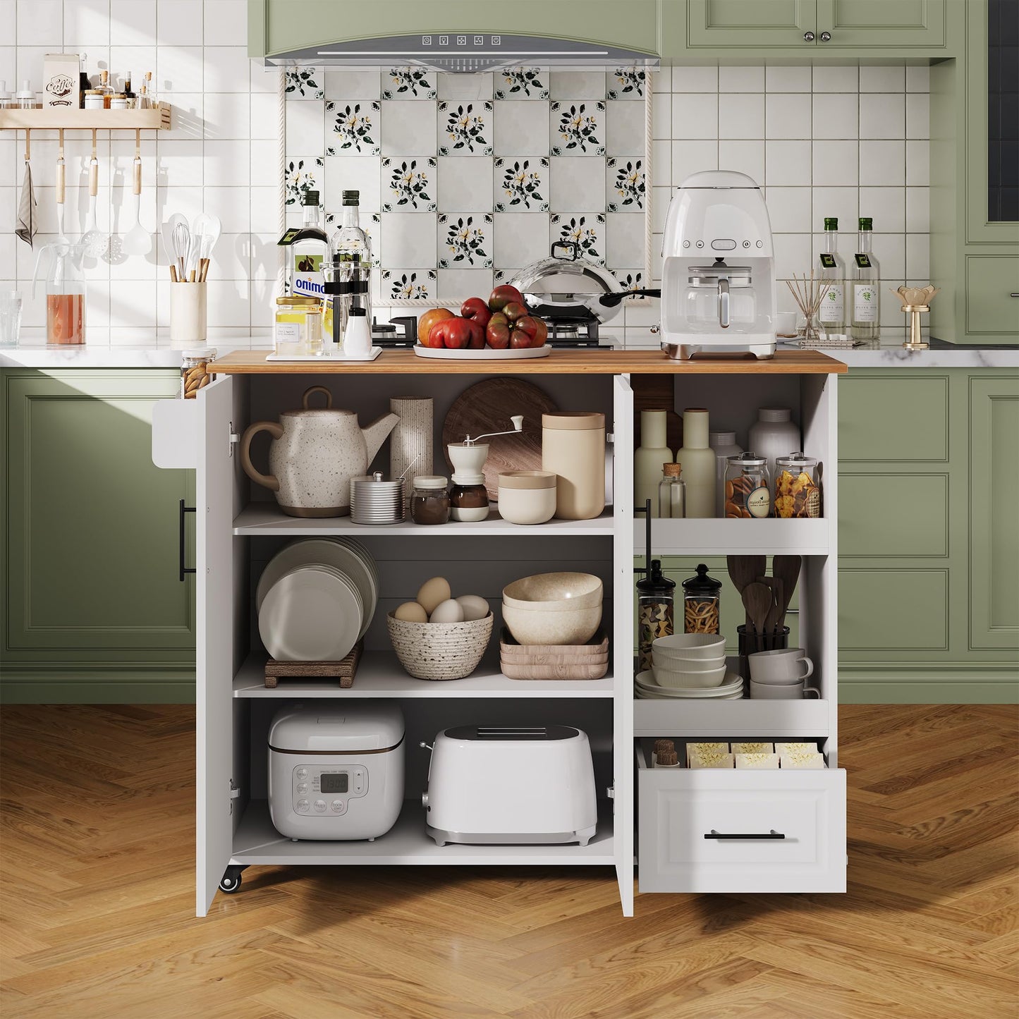 Garvee Rolling Kitchen Island on Wheels, 48'' Mobile Kitchen Cart with Drop Leaf, Butcher Block Island with Open Shelf, Drawer, Spice Rack, Wood Top, and Lockable Wheels