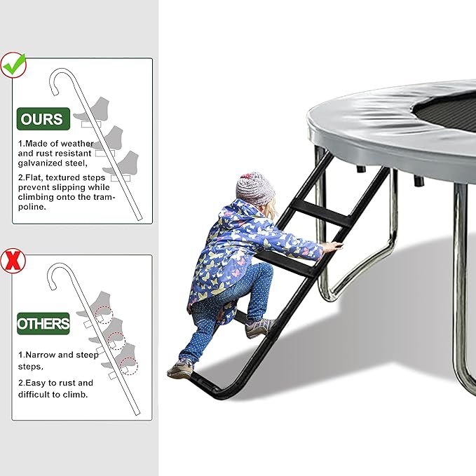 Eurmax USA Universal Easy-to-Assemble Trampoline Ladder, 3 Steps with Wide Steps, Storage Bag, 220 lbs Capacity Trampoline Accessories for Children Kids, Black