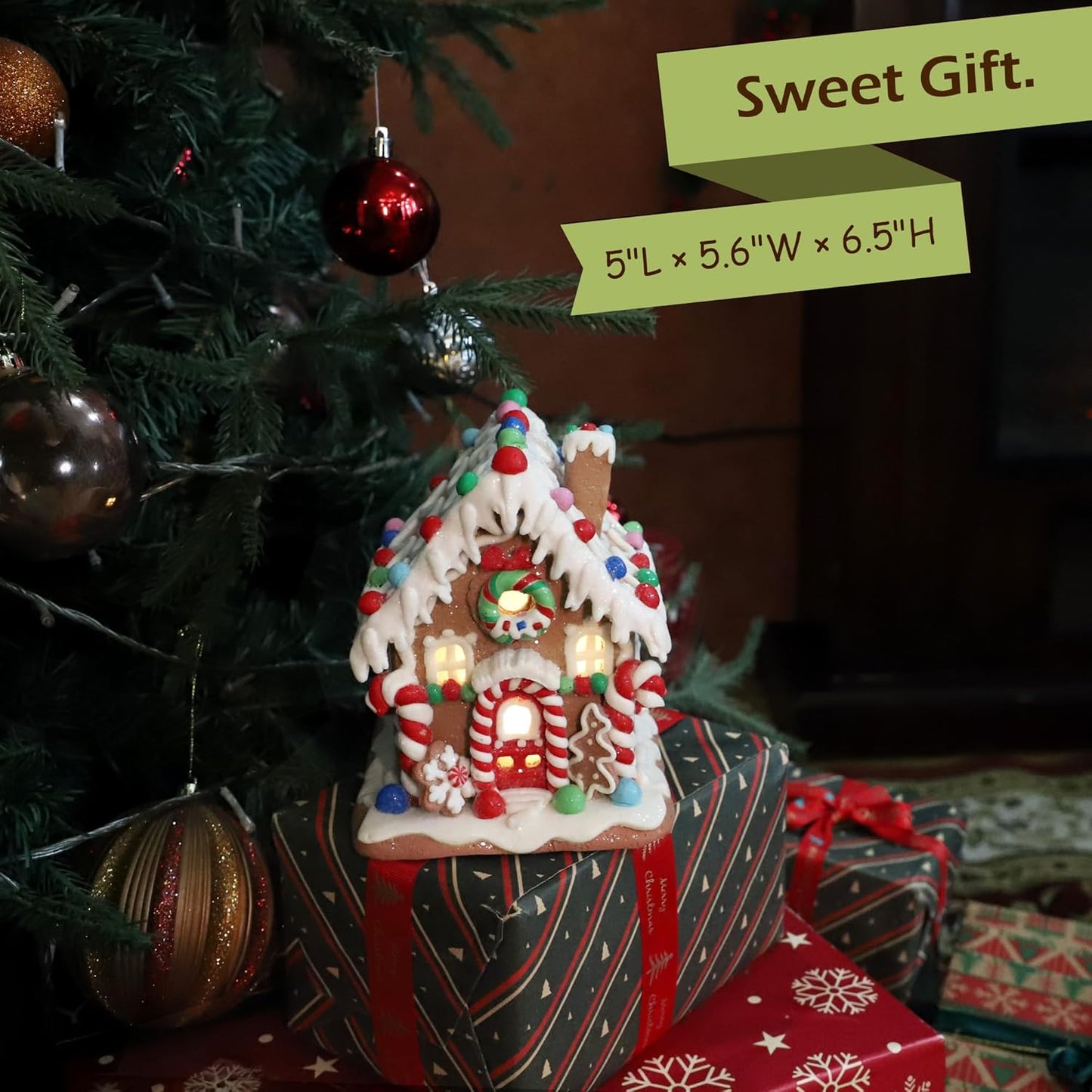 Skiennix Gingerbread House Decoration - Battery-Operated Light-Up Christmas Village Figurine | Handmade (Style 2)