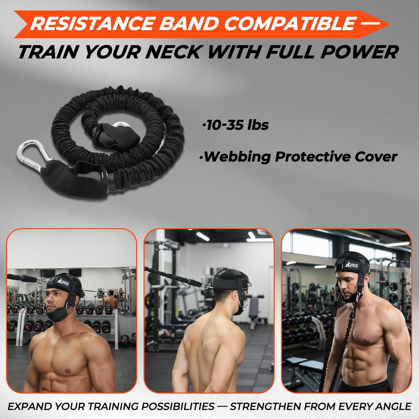Lights Mountain Adjustable Neck Harness for Weight Training with 6 D-Rings, Includes Skull Cap, Resistance Band & Loading Strap - Adjustable Head Harness for Neck Strengthening & Resistance Workout