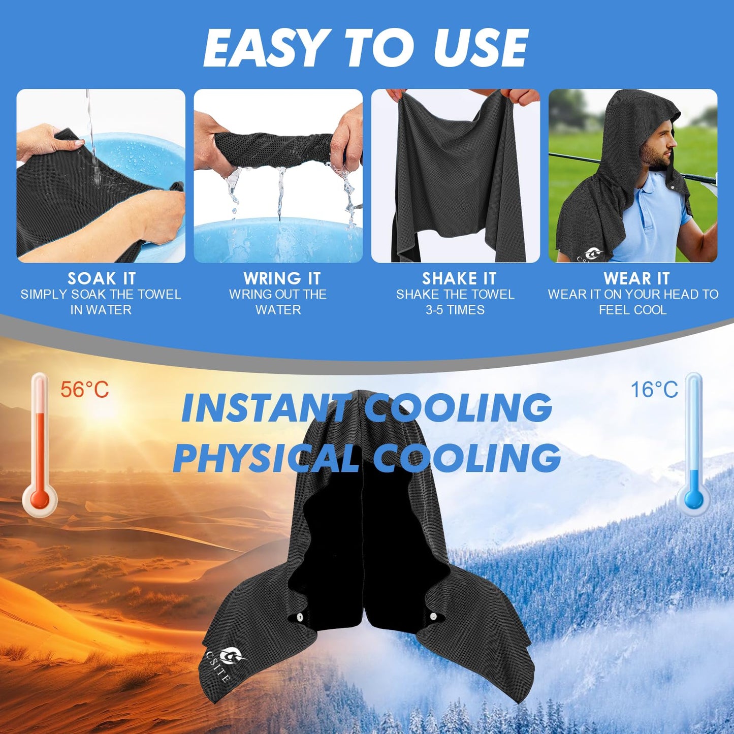 CSITE Cooling Hoodie Towels for Neck and Face, UPF 50 Sun Protection & Instant Cooling, Ice Towels for Hot Weather, Soft Breathable Towel for Sport, Work Out, Gym, Camping & More Activities（Black）