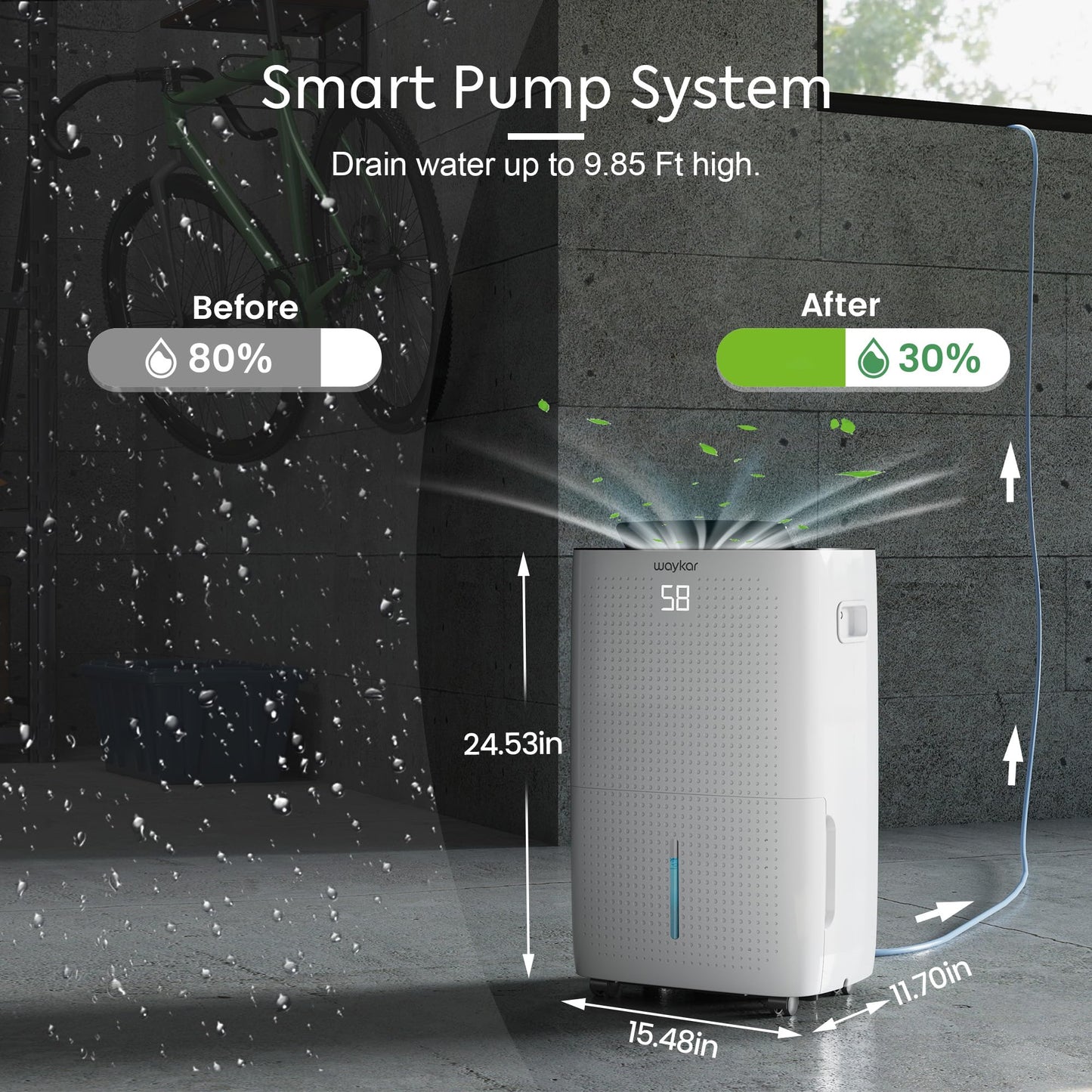 Waykar 150 Pint 7,000 Sq.Ft Dehumidifier with Pump for Basement & Home, Large Room, Smart Compressor Dehumidifier with Drain Hose & Tank for Commercial, 30–80% RH Control, 90° Auto Swing, Auto Defrost