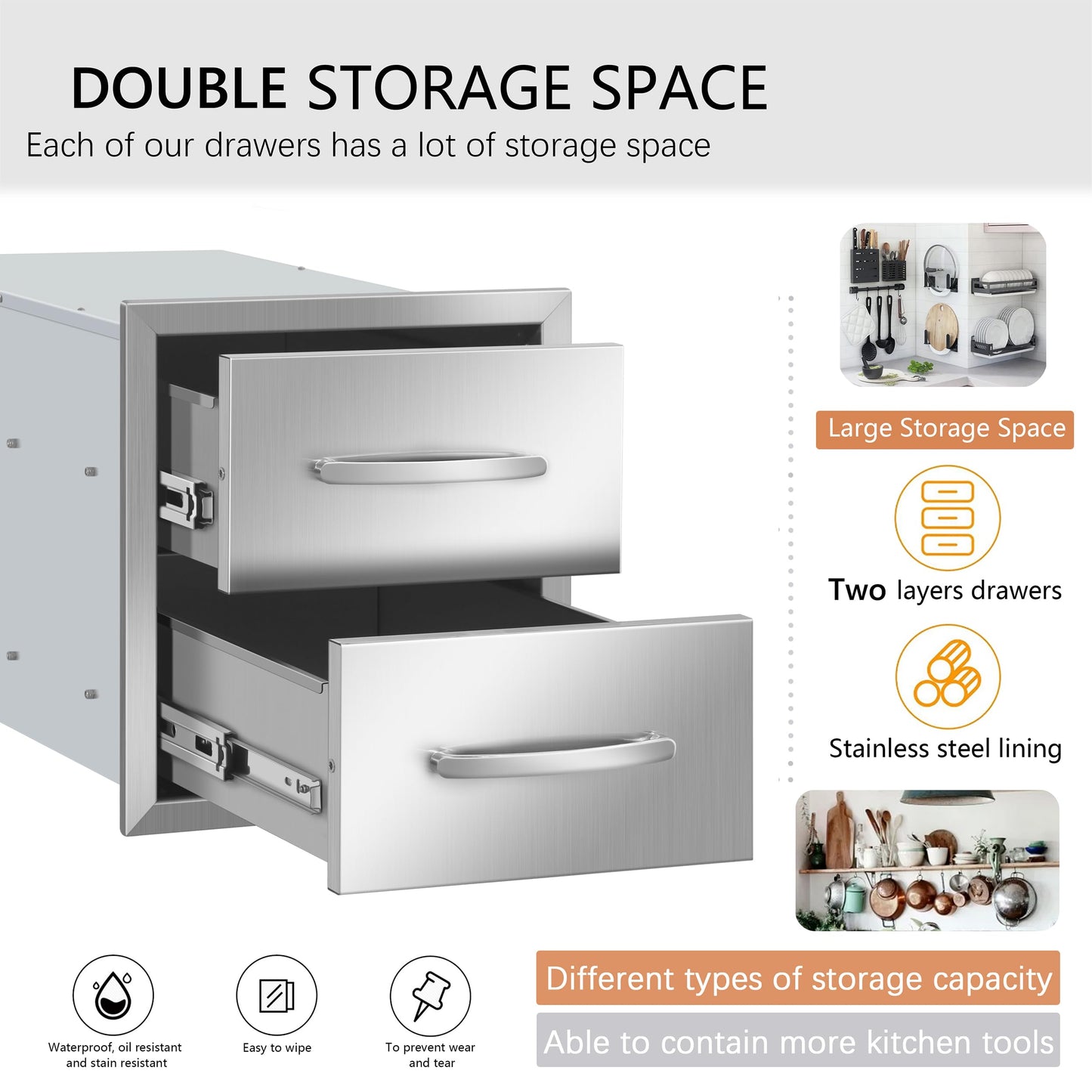 RAILEN Outdoor Kitchen Drawers 14" W x 15" H x 23" D Built-in BBQ Drawer Stainless Steel Access Drawers for Outdoor Kitchen Island or Grill Station