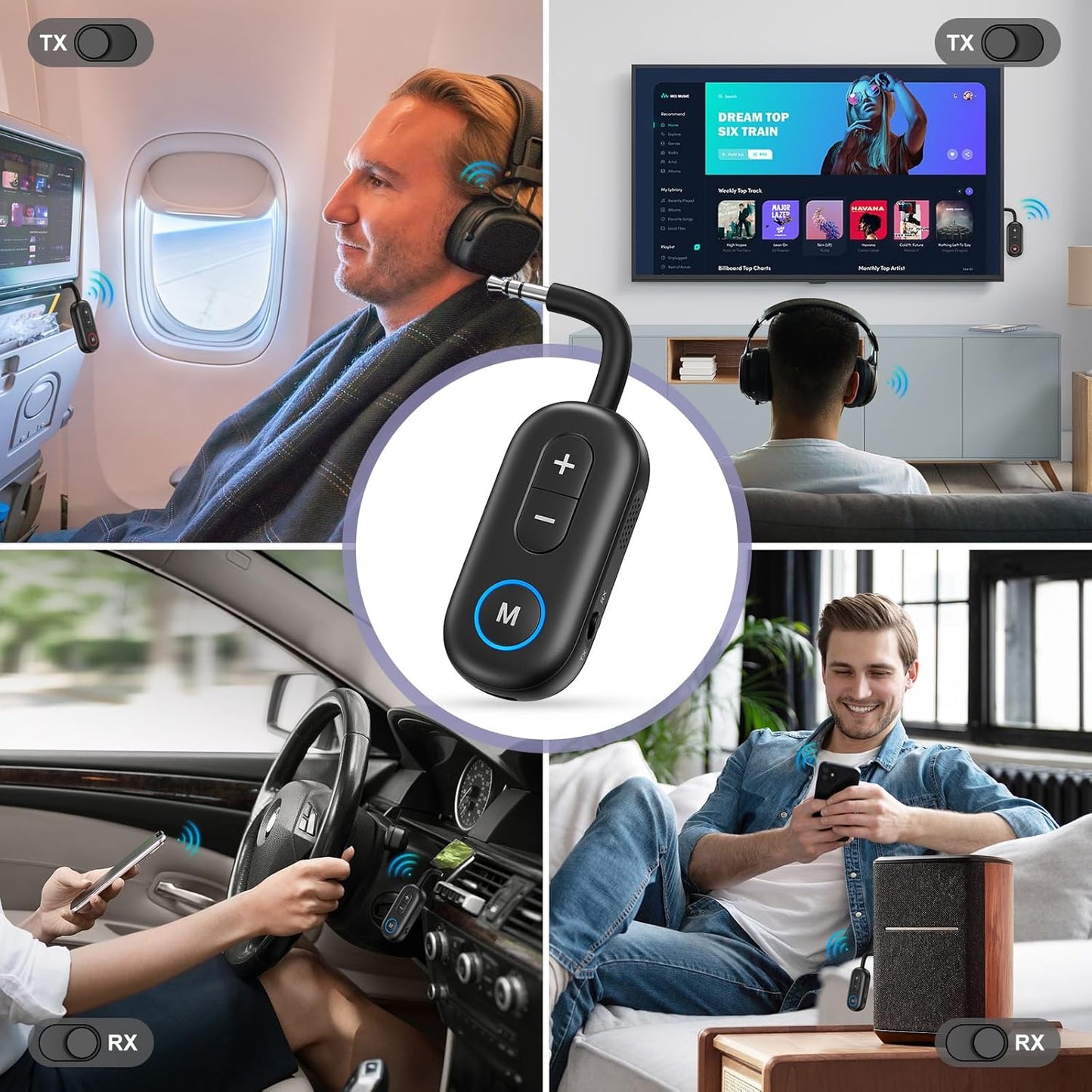 JXTZ 5.3 2 1 Bluetooth Transmitter Receiver, in Wireless Audio Adapter for TV, Headphone, Speaker, Aux Bluetooth