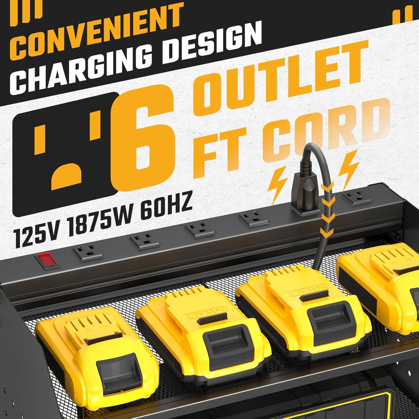 ZESEN Power Tool Organizer - 3-Layer Wall Mount Charging Station with 6 Outlets & Drill Holders - Black