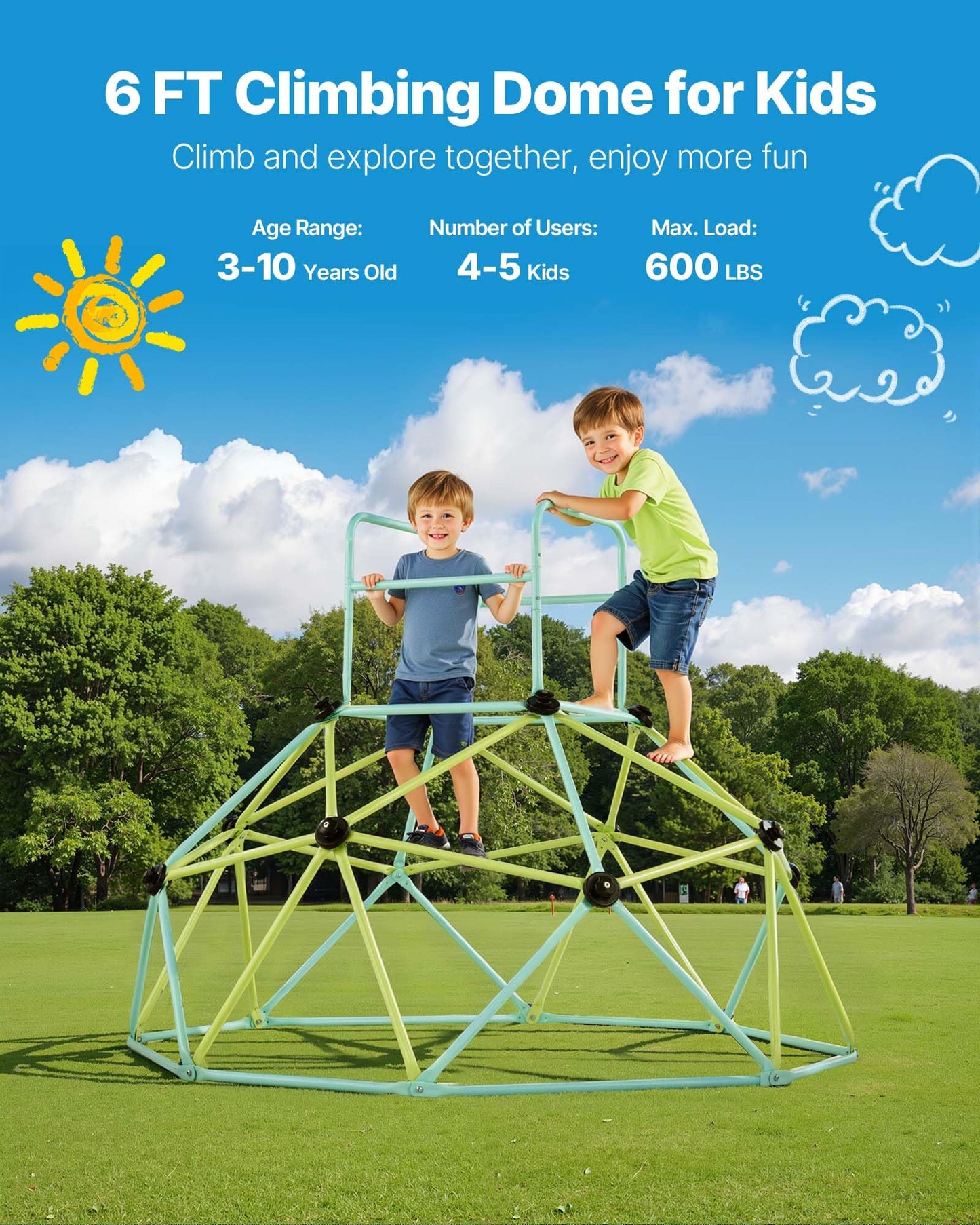 VEVOR Climbing Dome, 6FT Geometric Dome Climber for Kids, 600LBS Loading Indoor/Outdoor Jungle Gym Playground, Easy-Assembly Backyard Climbing Play Equipment for Boys Girls 3 to 10 Years Old