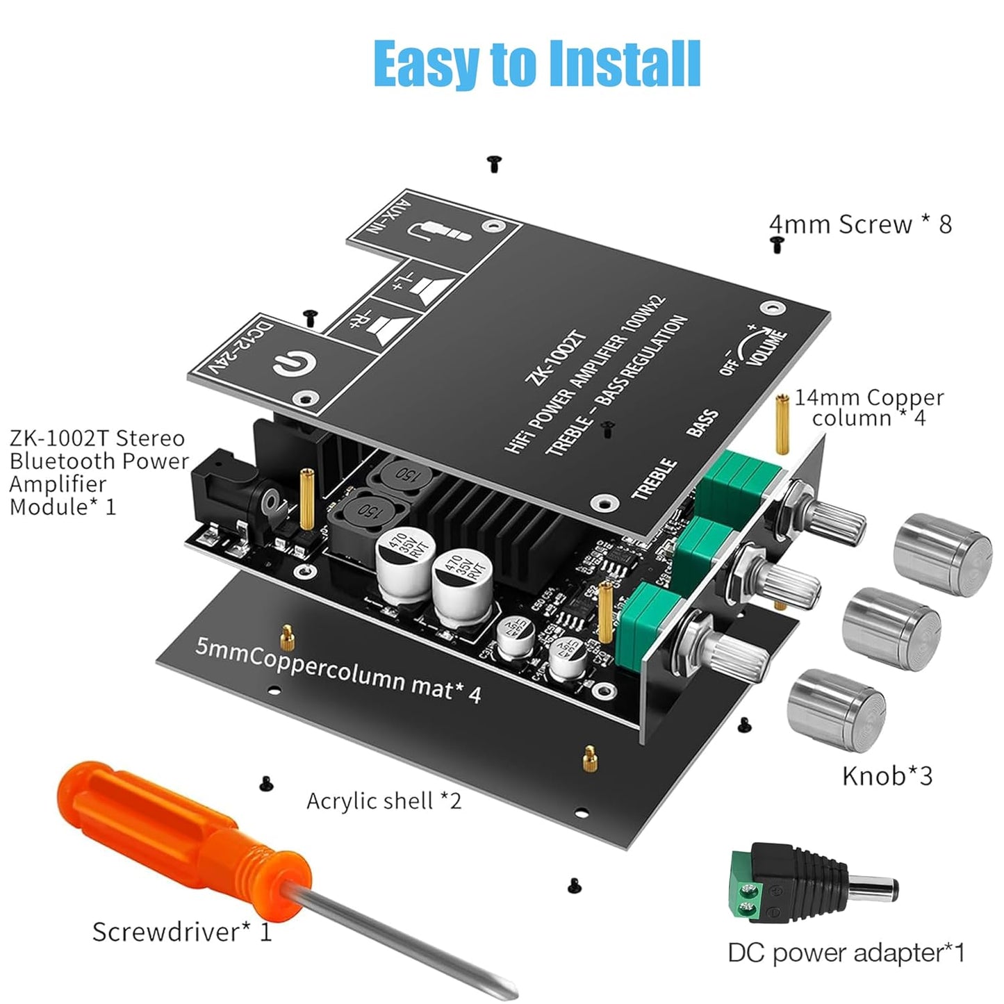 ZK-1002T 100W+100W 2.0 TPA3116D2 9-24V, Bluetooth Amplifier Board with Treble and Bass Control, Channel Stereo Audio