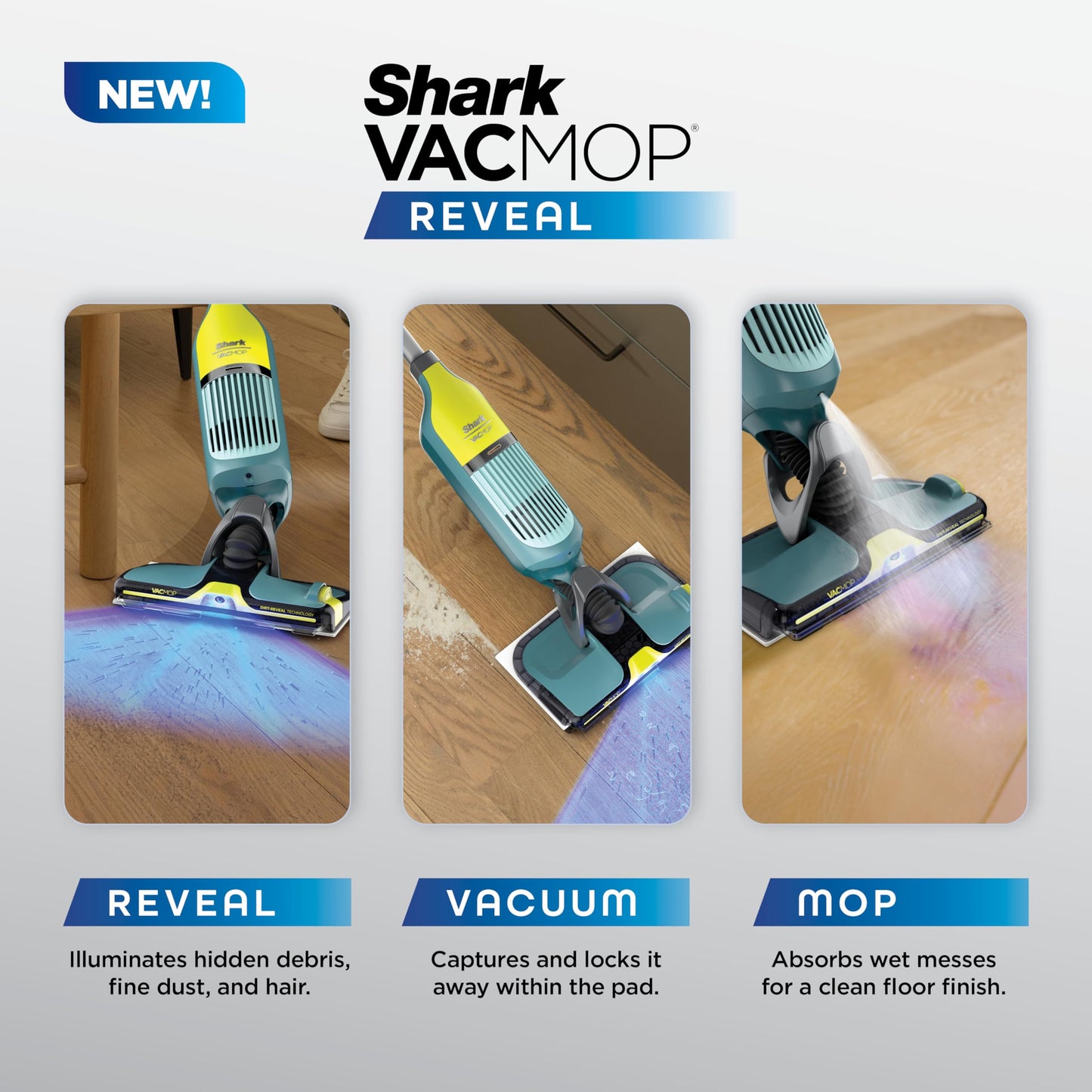 Shark VACMOP Reveal NEW Cordless Hard Floor Cleaner, Vacuum & Spray Mop, Powerful Suction, Lightweight, Illumination Light, Includes 4 Disposable Pads, 12oz Pet Multi-Surface Cleaning Solution, VM401