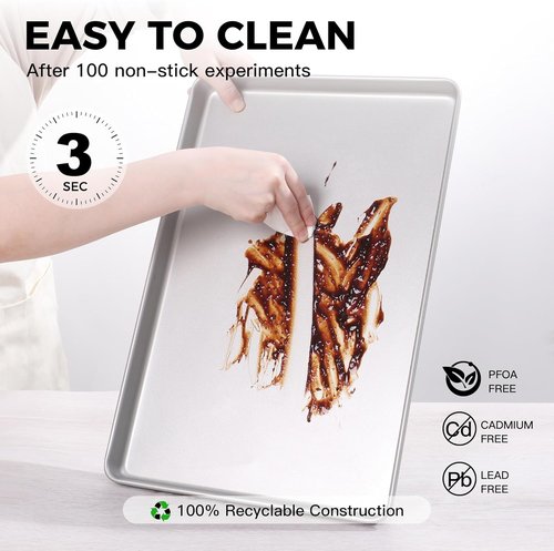 HONGBAKE Half Baking Sheet Pan Set - Nonstick Heavy-Duty Cookie Trays | Dishwasher Safe, Silver, 2-Pack