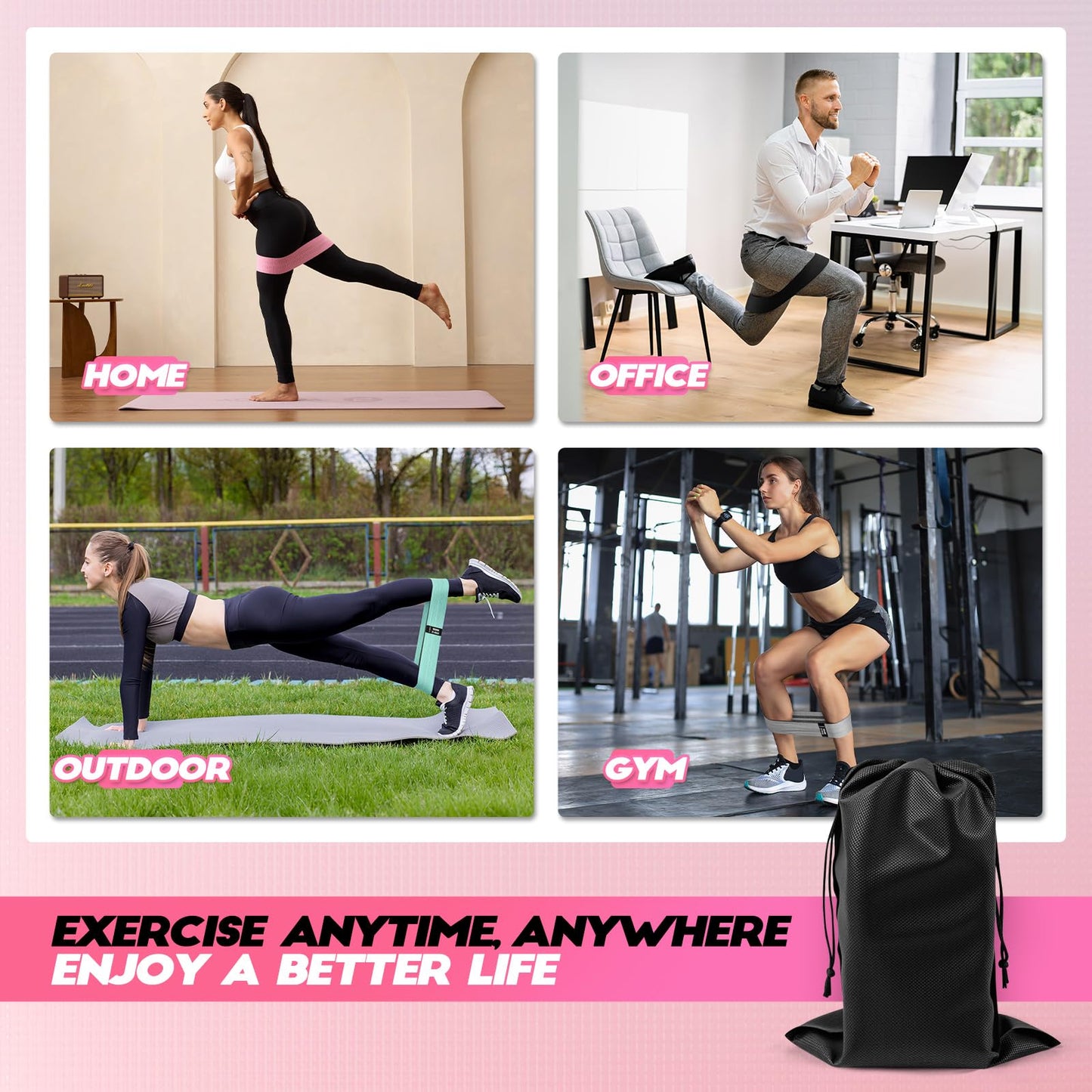 Resistance Bands for Working Out with Guide, 4 Workout Bands for Women & Men, Fabric Exercise Bands for Legs, Hip, Glute, Butt, Booty Bands Set for Yoga, Pilates, Strength (Green, Pink, Gray, Black)