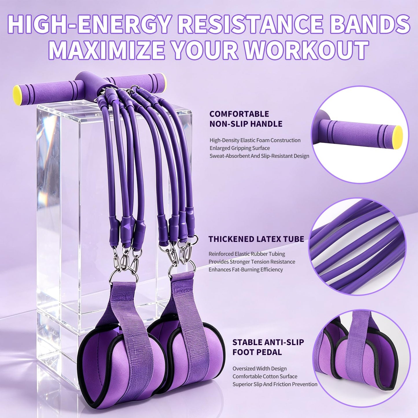 Pedal Resistance Band with Handle - 8-Tube Adjustable (20-80LBS) for Full Body Workout, Home Gym, Yoga & Strength Training Non-Slip Grips & Foot Pedal (Purple)