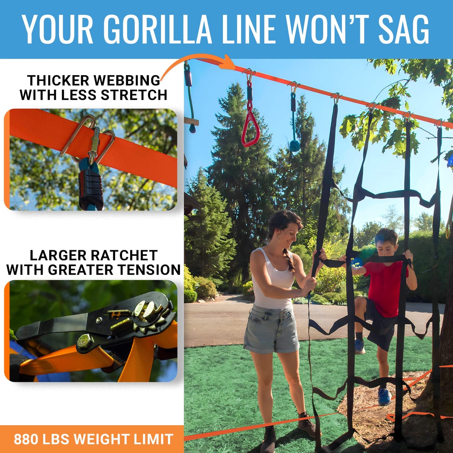 Hyponix Ninja Warrior Obstacle Course for Kids – 2 x 60 ft Slackline with 13 Outdoor Ninja Obstacles, Supports 880lbs – Monkey Net, Ratchet-Tight Tech, Climbing, Swinging & Balance Training, Ages 3+