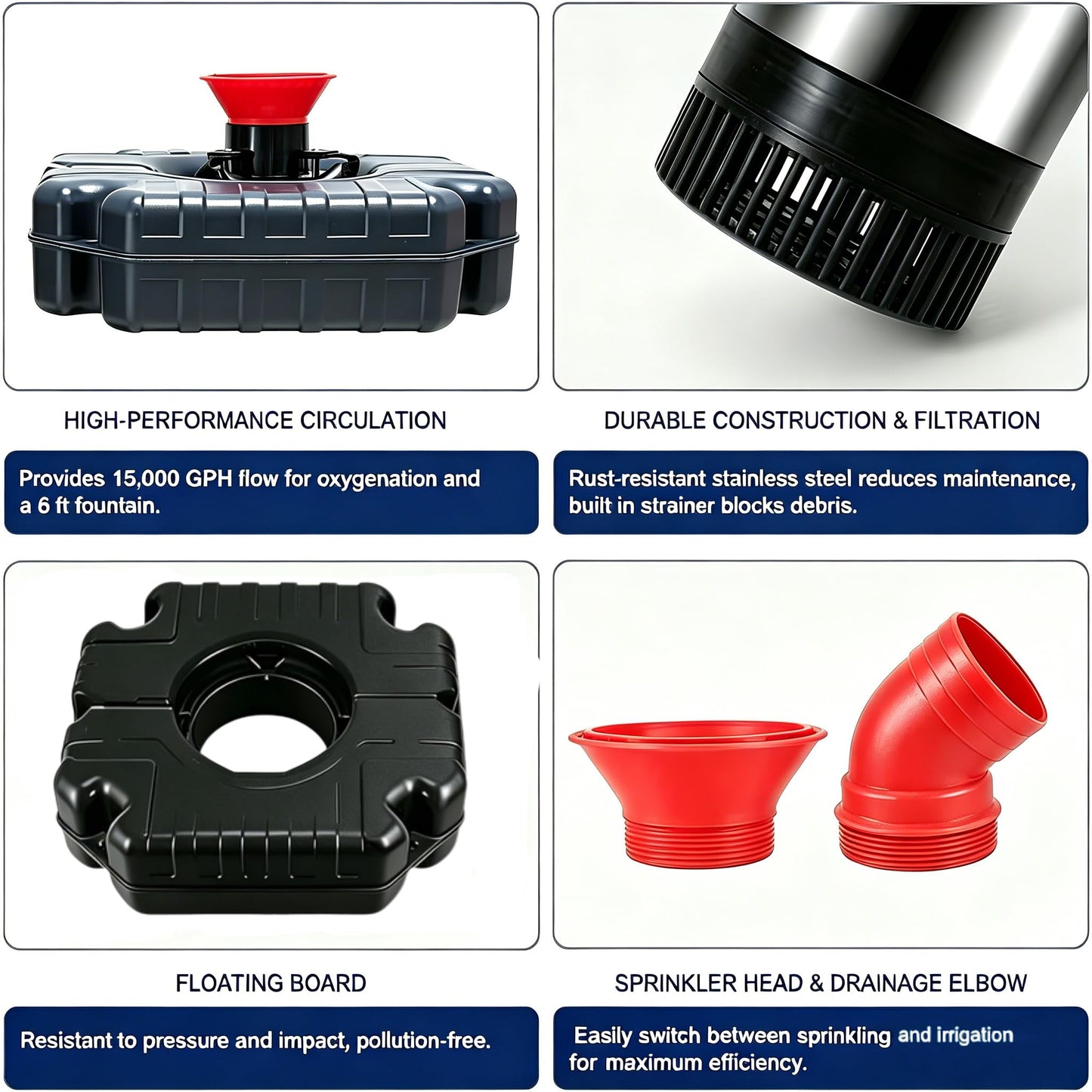 Pond Fountain Aerator, Pond Fountain, 1 HP Pond Aerator /110V 15,000 GPM, 100-foot Power Cord + 2 x 33-Foot Ropes/Timer Aerator Fountain, Suitable for Various Ponds and Lakes