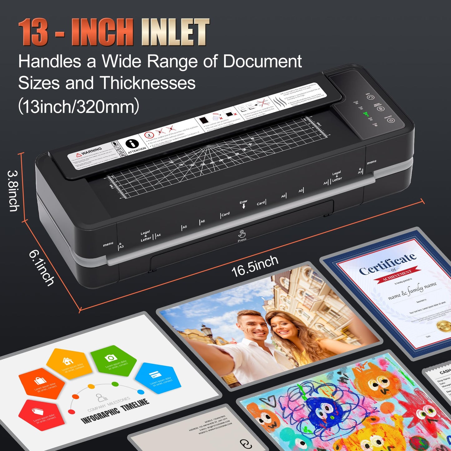 Commercial Laminator Machine 13 Inch 4-Roller, 55s Fast Warm-Up Never-Jam Lamination Machine, 3-10 Mil Thickness, Supports 11x17 & A3 Document Laminating, Includes 30 Laminating Sheets Black