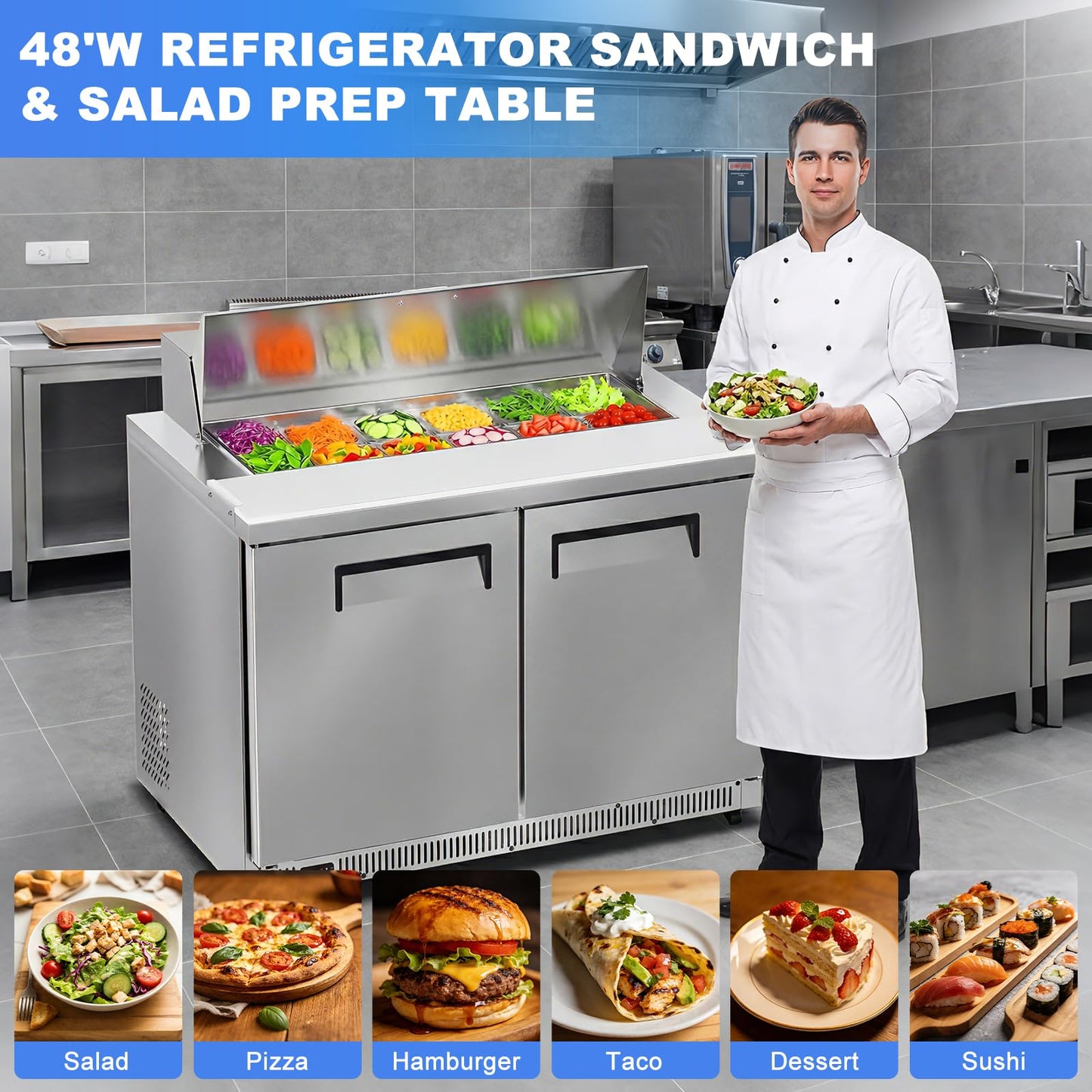 Tylza 48" Commercial Refrigerator, 12.7 Cu.Ft Sandwich Salad Prep Table, Mega Top Worktop Fridge w/ 12 Pans & Cutting Board, 2-Door Stainless Steel Salad Prep Cooler for Restaurant & Food Truck