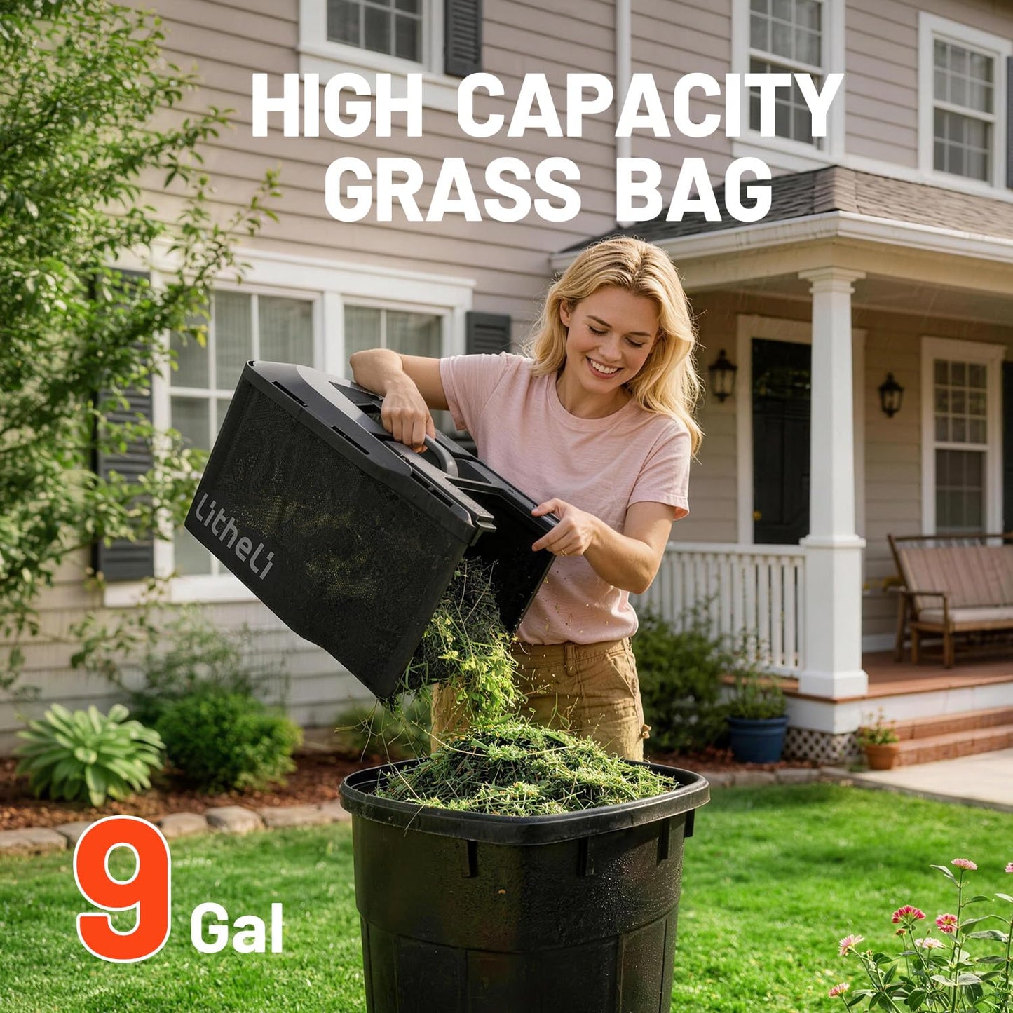 Litheli 14 Inch Cordless Lawn Mower, Brushless Battery Powered Push Mower with 5.0Ah Battery, 5-Position Height, 9-Gallon Bag, Lightweight Grass Cutter for Small to Mid-Sized Yards